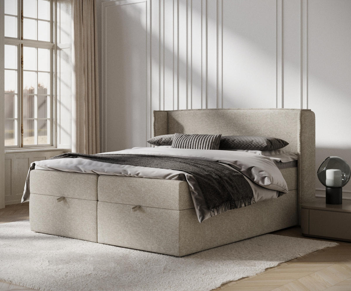 BOXBETT Passion Beige Grau 140/200 cm mit Matratze und Topper - Beige/Schwarz, Holz/Holzwerkstoff (140/200cm) - Maison de Reve