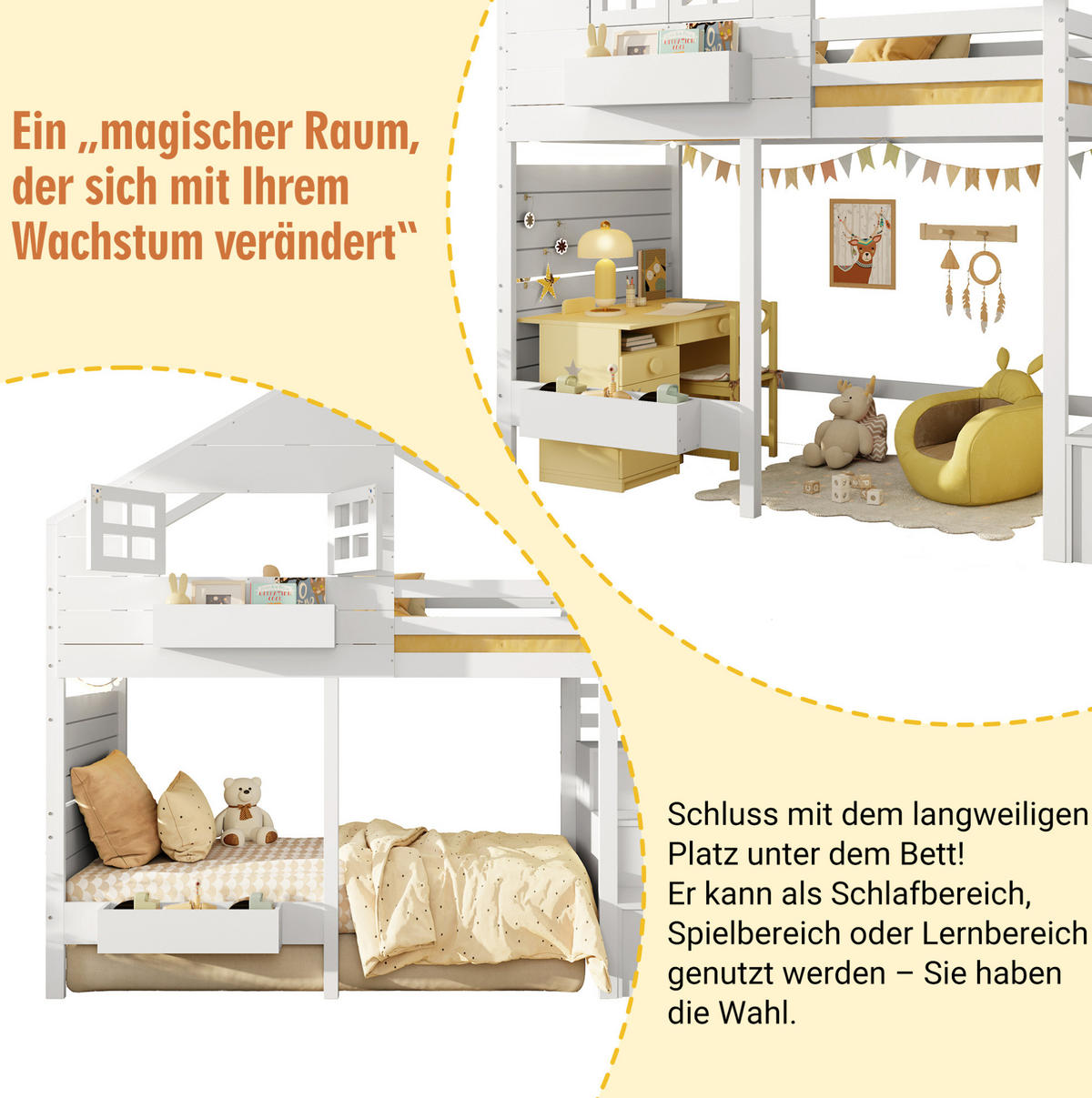 KINDEREINZELBETTEN aus Massivholz 90x200 cm in Weiß mit Stauraumtreppe & Fenster - Weiß, Holz (90/200cm) - Modfu