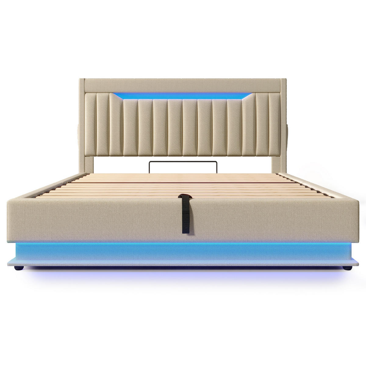POLSTERBETT 180/200 cm Beige aus Leinen mit Stauraum, LED und USB- und Type-C-Anschlüssen - Beige, Textil (180/200cm) - Flora Grace