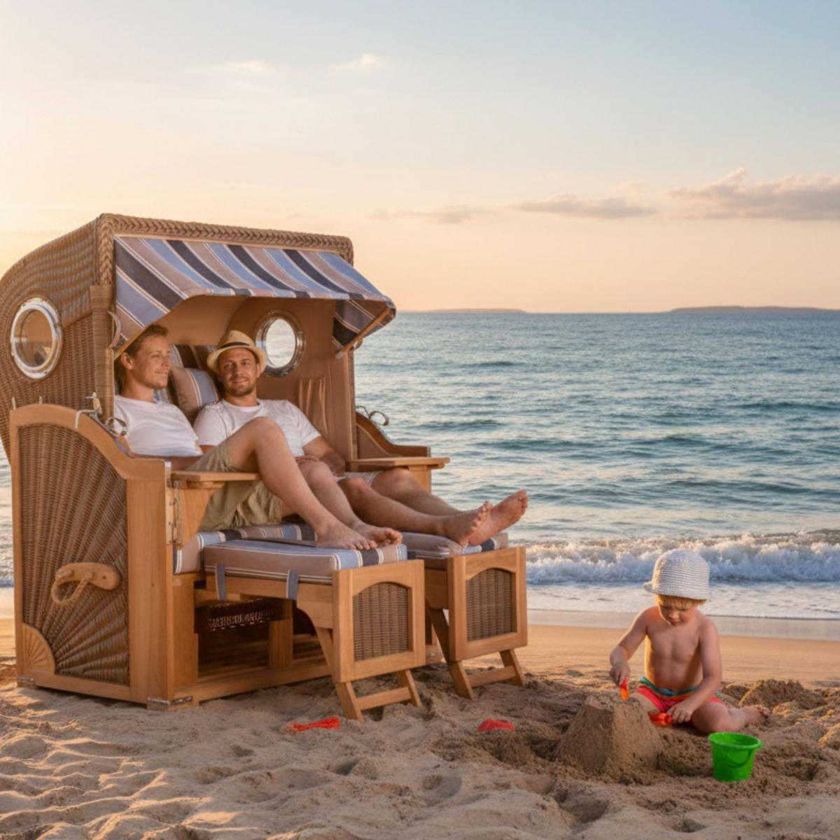 STRANDKORB Düne 2 Sitzer Teak PE Grey - Blau/Beige, Holz/Metall (125/170/80cm) - Mr. Deko