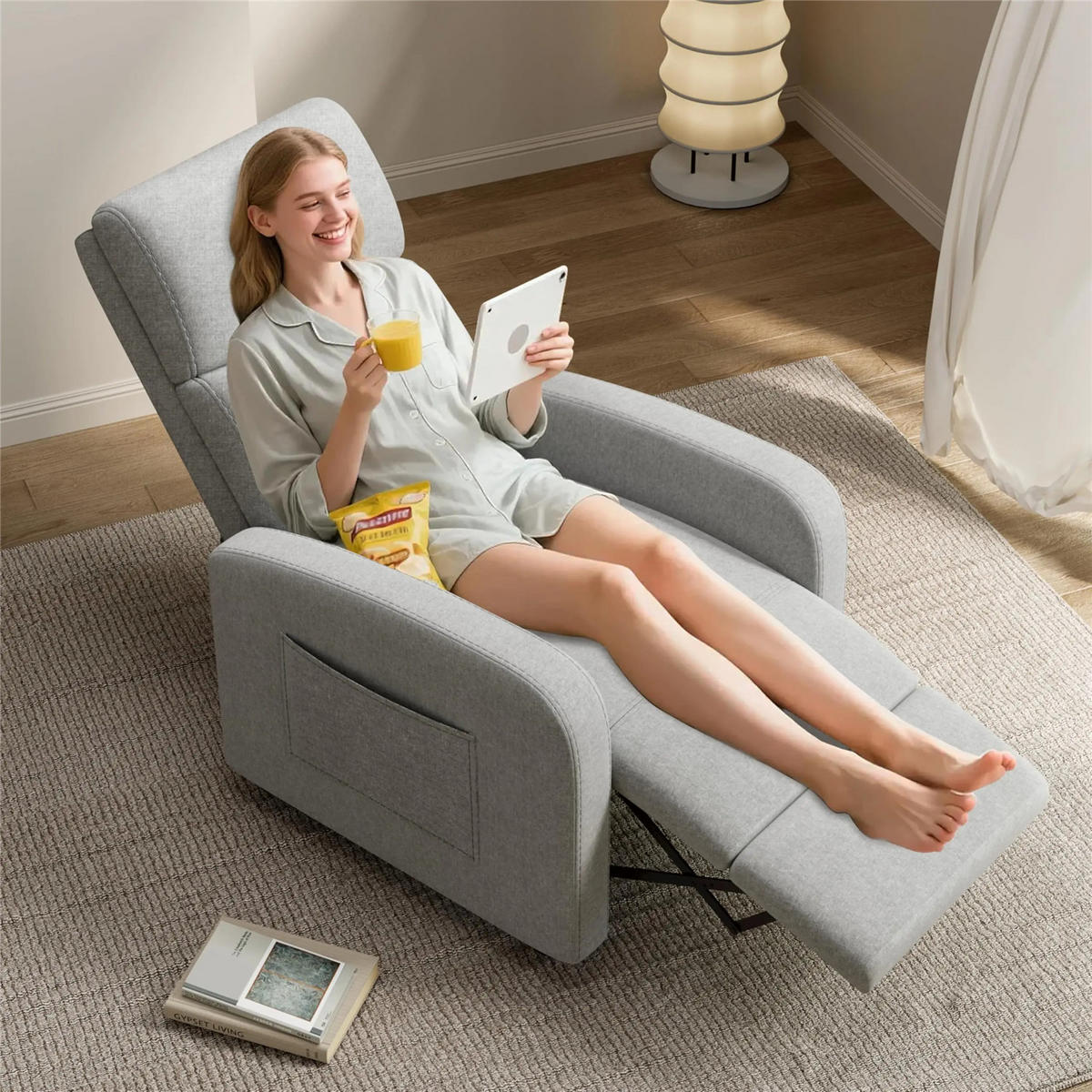 RELAXSESSEL verstellbar Leinen Seitentasche - Grau, Textil (65/101/72cm) - Coonoor