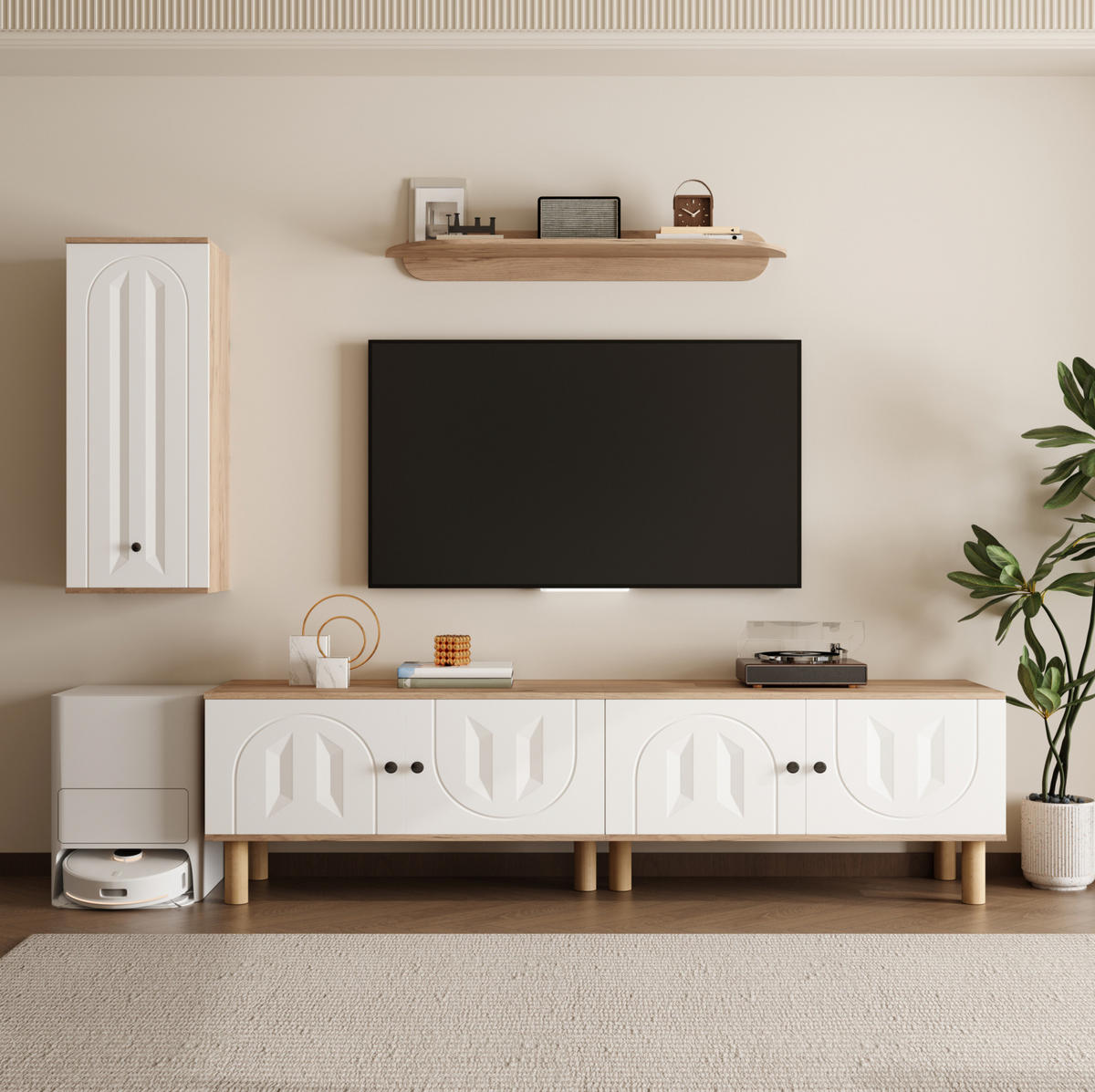 WOHNWAND 3-tlg. mit TV-Lowboard, Highboard und Wandboard Weiß/Naturholz - Weiß, Holzwerkstoff (40/50/170cm) - Beauniv
