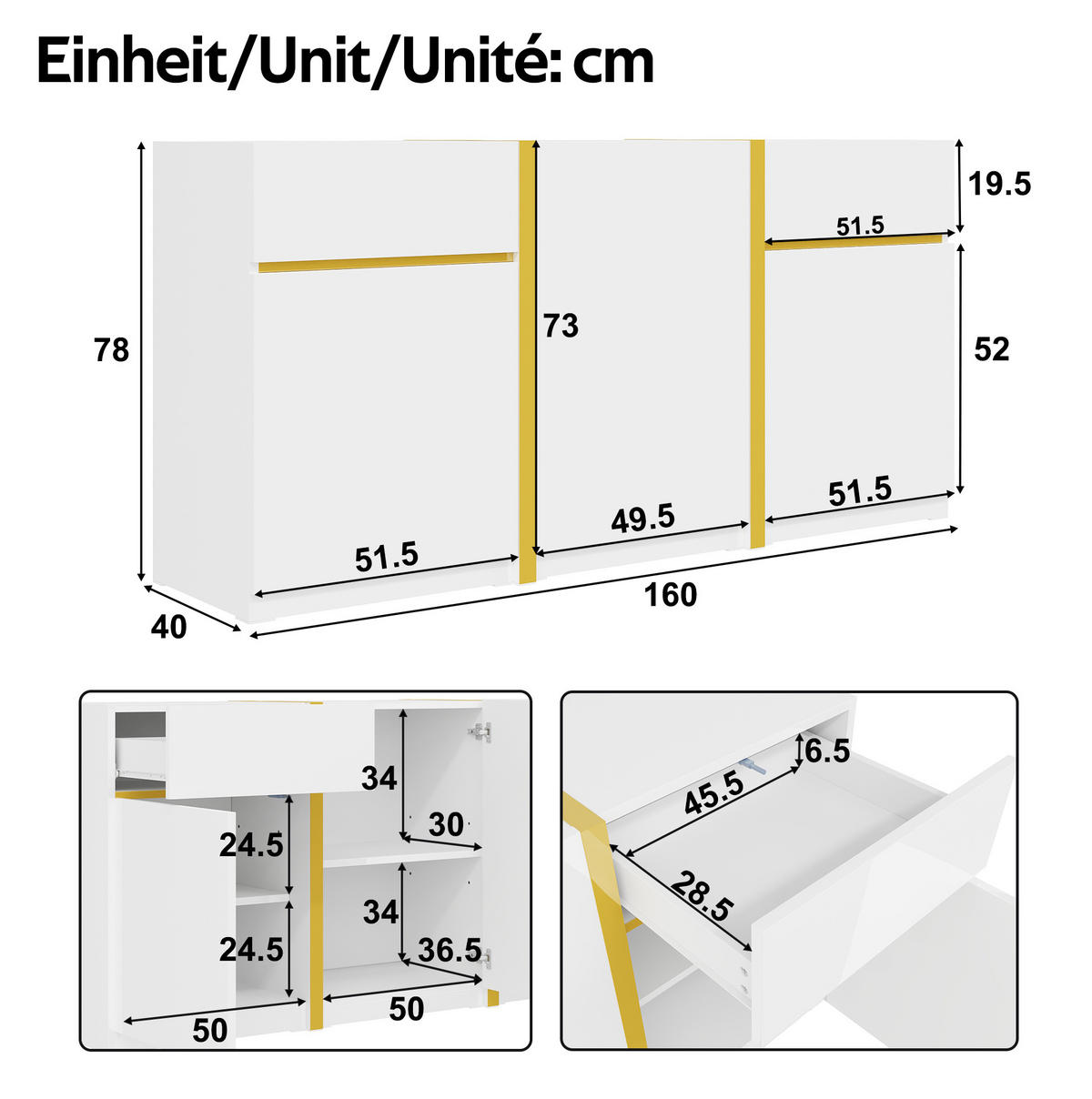 KOMMODE aus MDF & Spanplatte 160x40x78cm in Weiß mit Hochglanz - Weiß, Holzwerkstoff (160/78/40cm) - Modfu