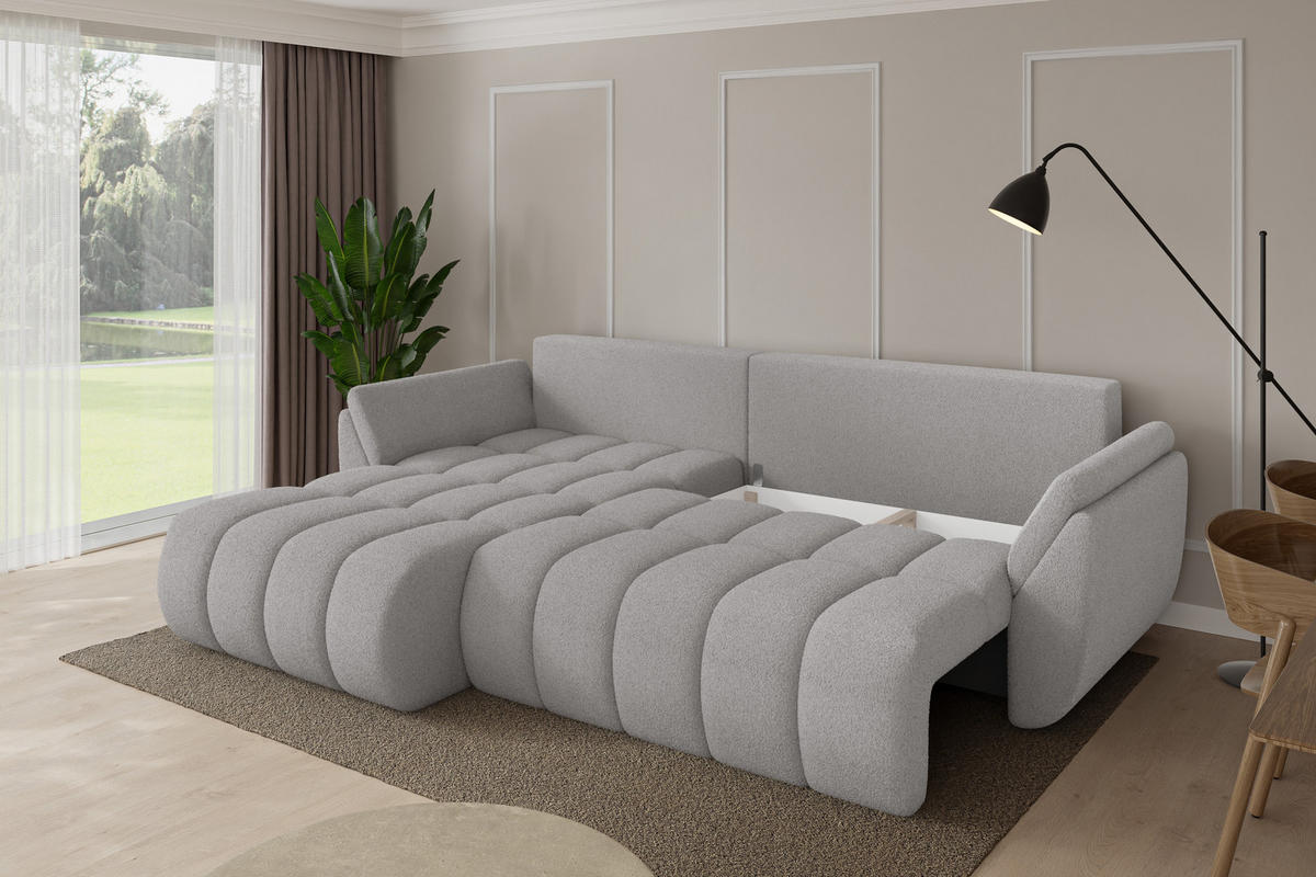 ROHOVÁ SEDAČKA s funkcí spaní, otoman vlevo TOKO-L-v1 277x194x86 světle šedá bouclé - černá/stříbrná, kompozitní dřevo/textil (277/194cm) - ALTDECOR