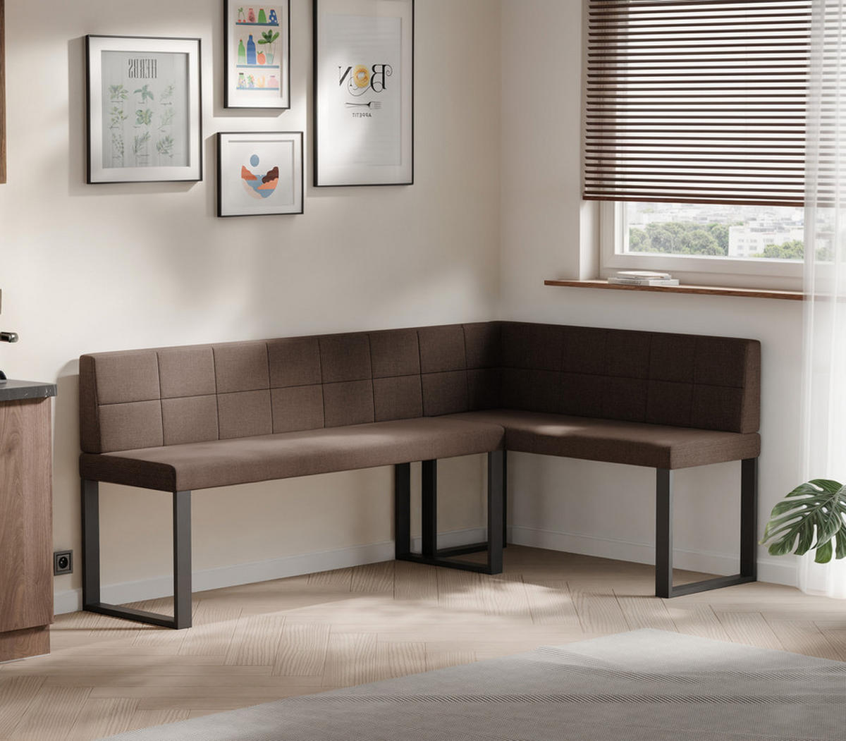 ECKBANK rechts SANA U Webstoff gesteppt, 142/196 cm Braun - Braun, Textil/Metall (142/196cm) - Idohome