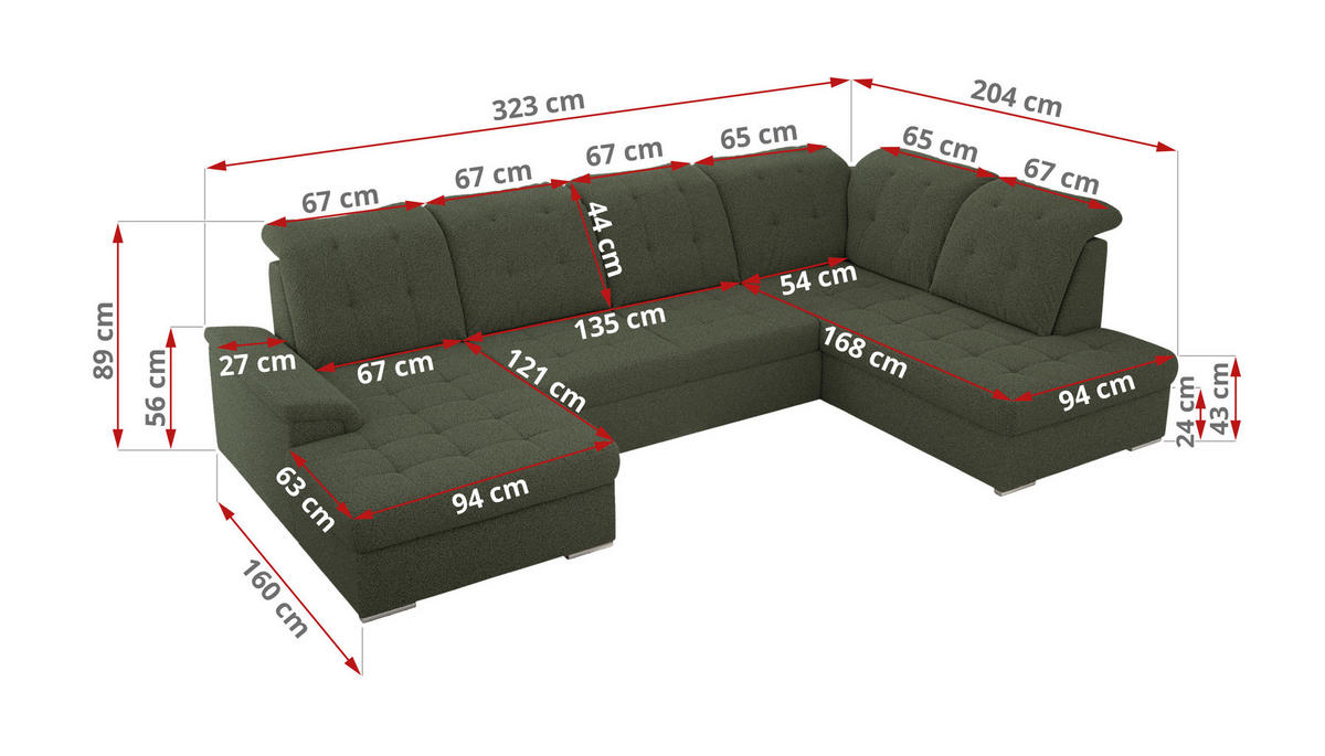 WOHNLANDSCHAFT MADRITO U - Grün Boucle - Rechts - Silberfarben/Grün, Textil/Metall (323/89/204cm) - MKS