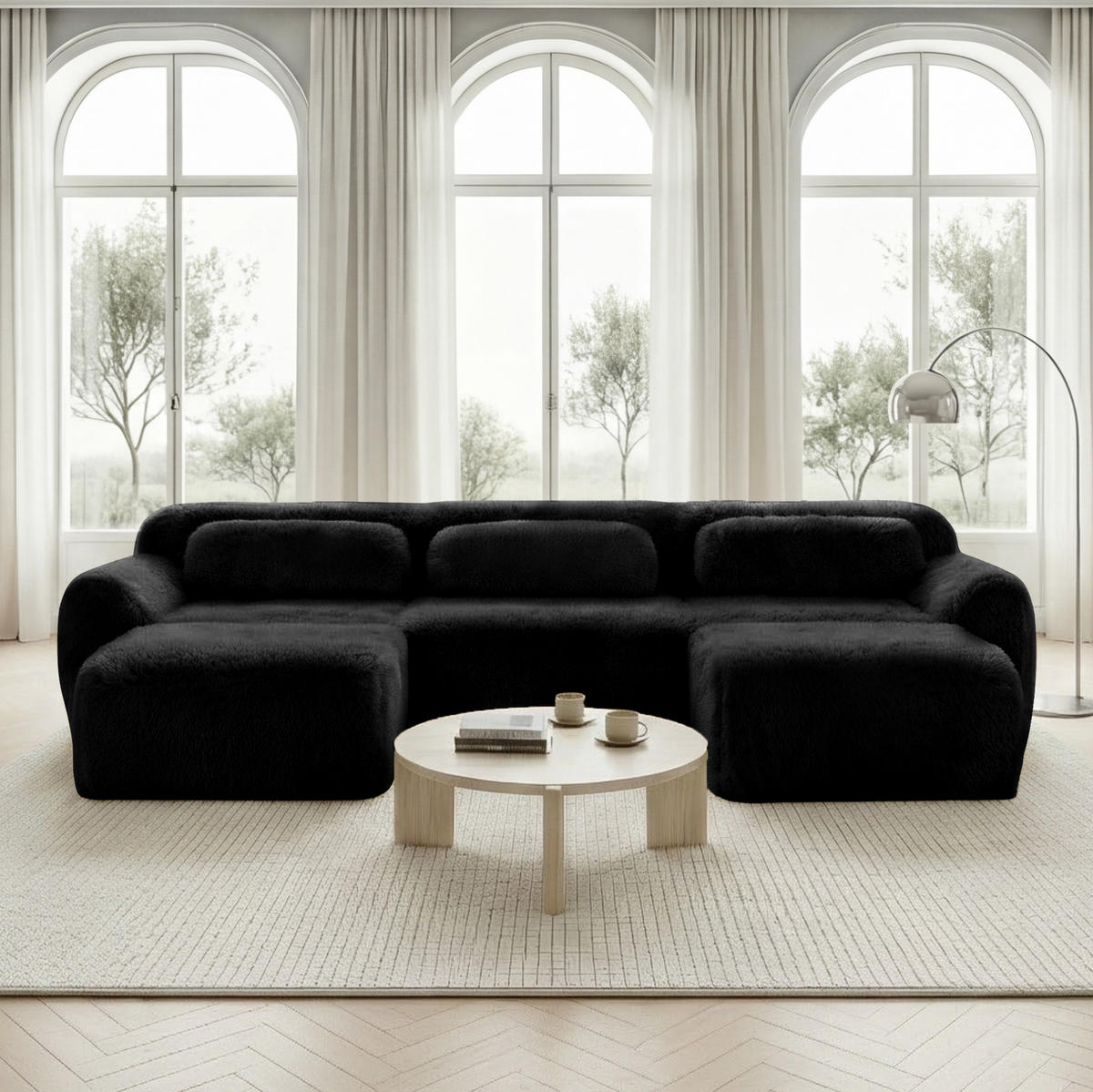 ECKSOFA 291/179/73 cm schwarz aus Plüsch mit U-Form, rutschfester Basis und Kissen - Schwarz, Textil (179/291cm) - OKWISH