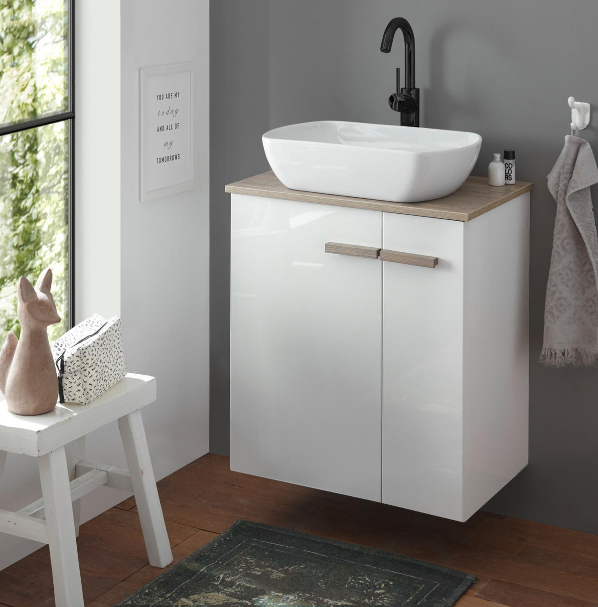 WASCHBECKENUNTERSCHRANK weiß Lack Hochglanz, Eiche, Waschtisch Set hängend, stehend - Weiß Hochglanz/Eichefarben, Holzwerkstoff (60/82/40cm) - Furn.Design