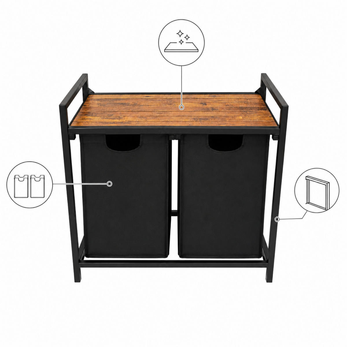 WÄSCHEKORB – Metall – Schwarz – 2 herausnehmbare Wäschesäcke – Ablage – 73x33x71 cm (92l) - Schwarz/Braun, Metall (73/71/33cm) - Begryf