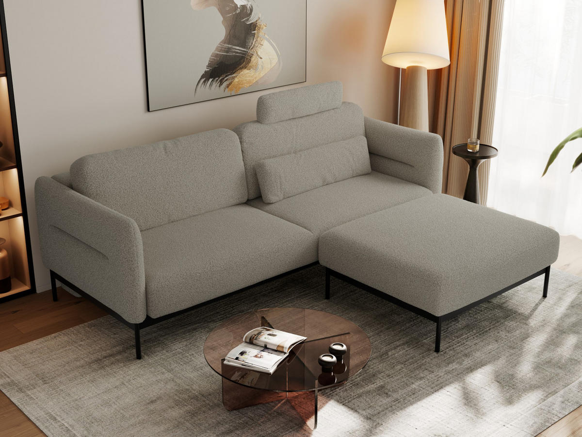 SCHLAFSOFA SALENTO Hellgrau Boucle - Hellgrau/Schwarz, Textil/Metall (221/82/193cm) - MKS
