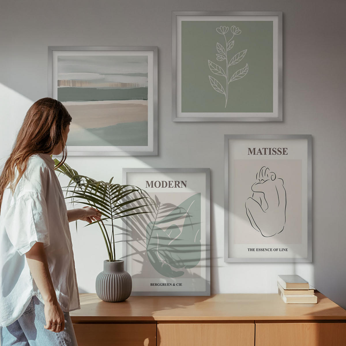 WANDBILDER 4er Set - 50x50 cm & 40x60 cm Silberner Rahmen - Abstrakte Pflanzenformen - Silberfarben, Kunststoff (50/50cm) - ArtPrintCave