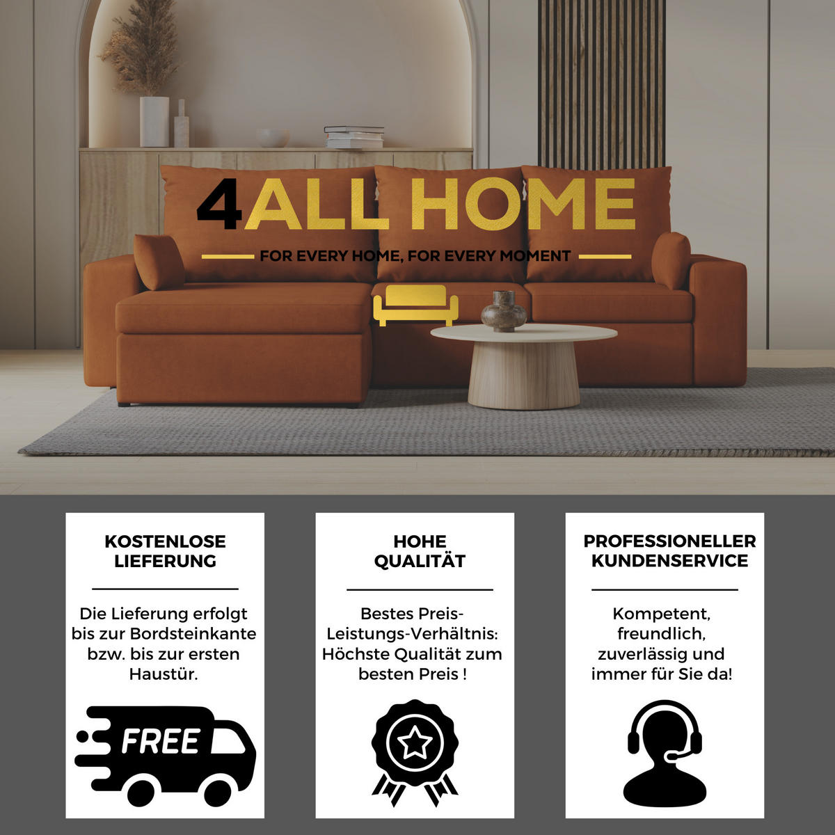 ECKSOFA Paco mit Bettkasten und Schlaffunktion, L-Form/XL-Form, Velourstoff, Universal - Rostfarben, Holzwerkstoff (276/145cm) - 4ALL HOME