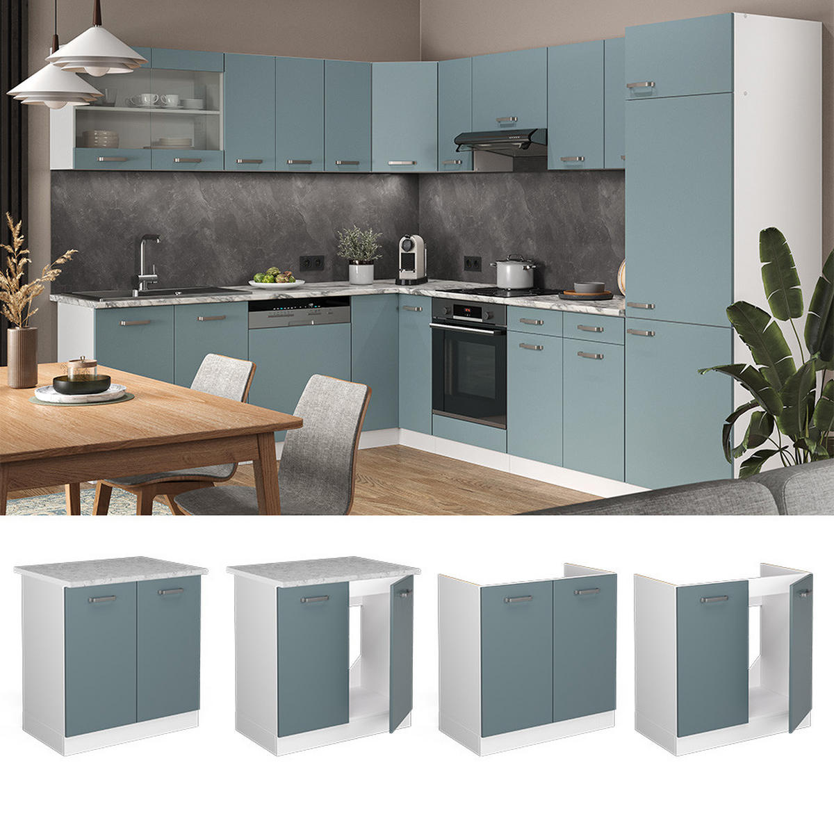 SPÜLENUNTERSCHRANK R-Line Blau-Grau 80 cm, AP Anthrazit - Blaugrau/Weiß, Holzwerkstoff (80/81.6/60cm) - Vicco