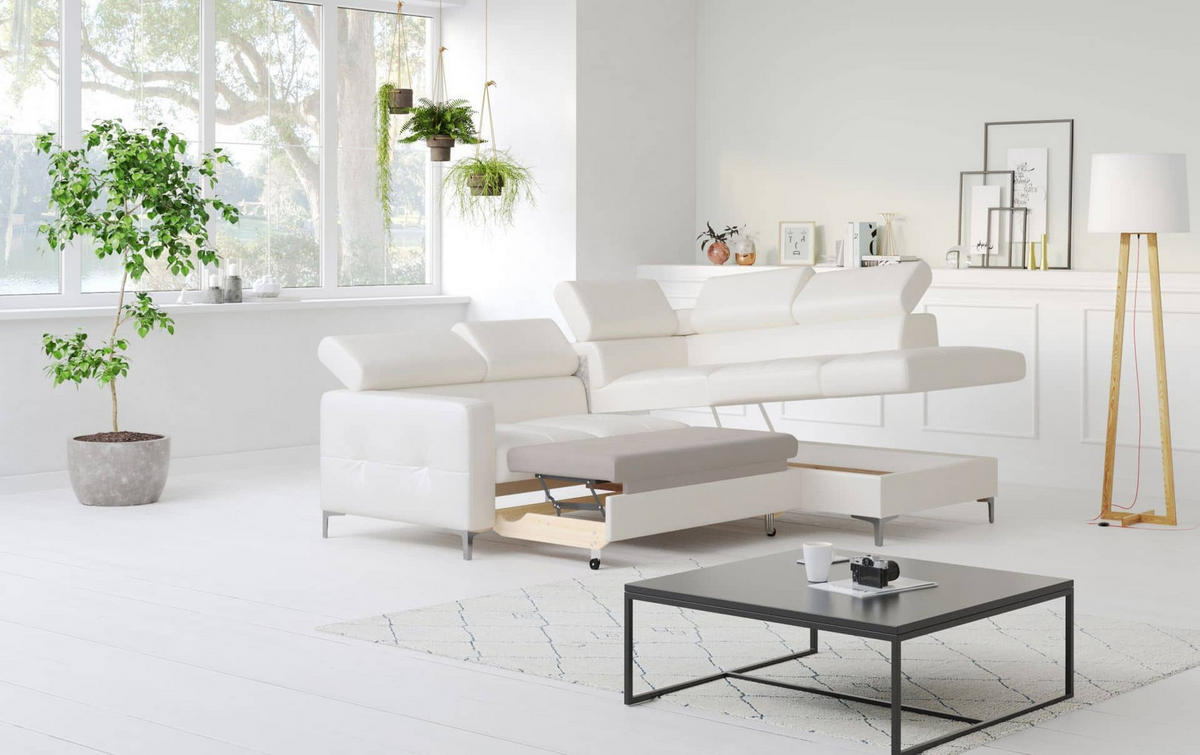 ECKSCHLAFSOFA aus Echtleder mit Schlaffunktion und Bettkasten - Chromfarben/Eiche Bianco, Leder/Holz (207/242cm) - Cotta