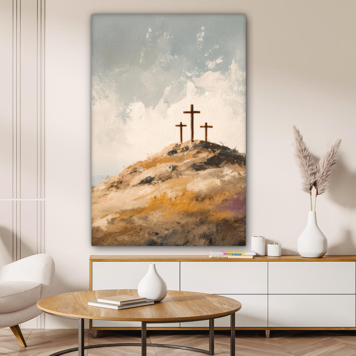 LEINWANDBILD Hügel - Abstrakt - Christentum - Kreuz Deko XXL 80x120 cm - Hellgrau, Textil (80/120cm) - MuchoWow