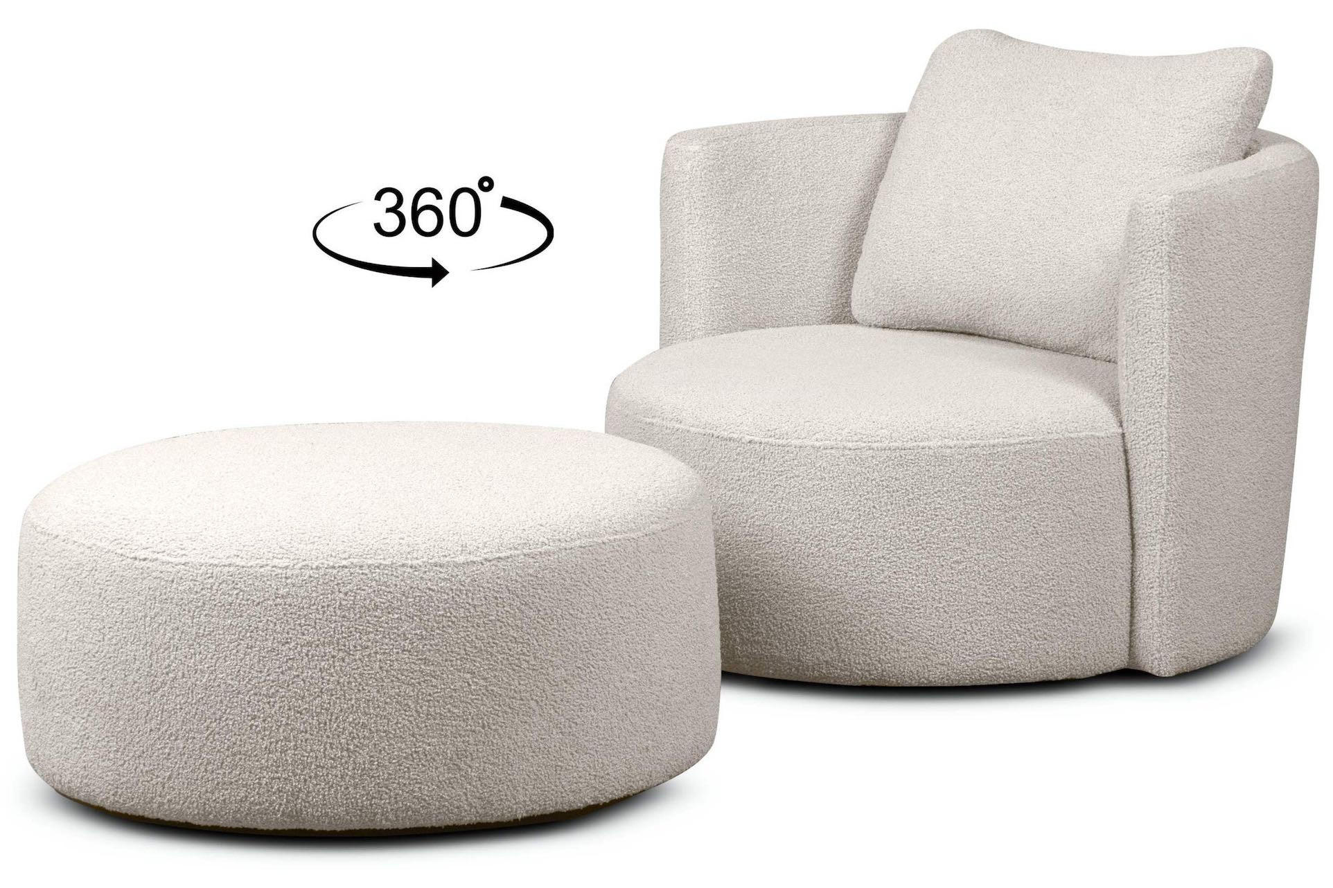 DREHSESSEL-SET RAGGI inkl. Sitzhocker, Boucle, Weiß - Weiß, Textil (92/75/80cm) - KONSIMO®