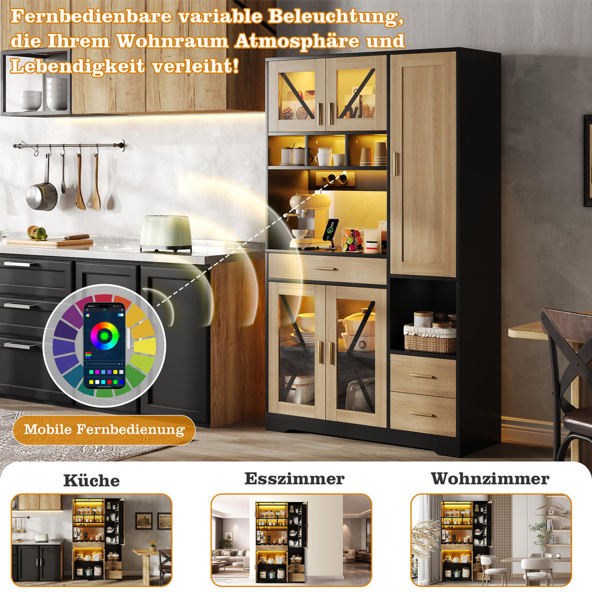 BUFFET 105/39/185 cm Natürlich mit farbwechselnder LED-Beleuchtung und 2 Schublade - Schwarz, Holz (105/185/40cm) - Oxeza