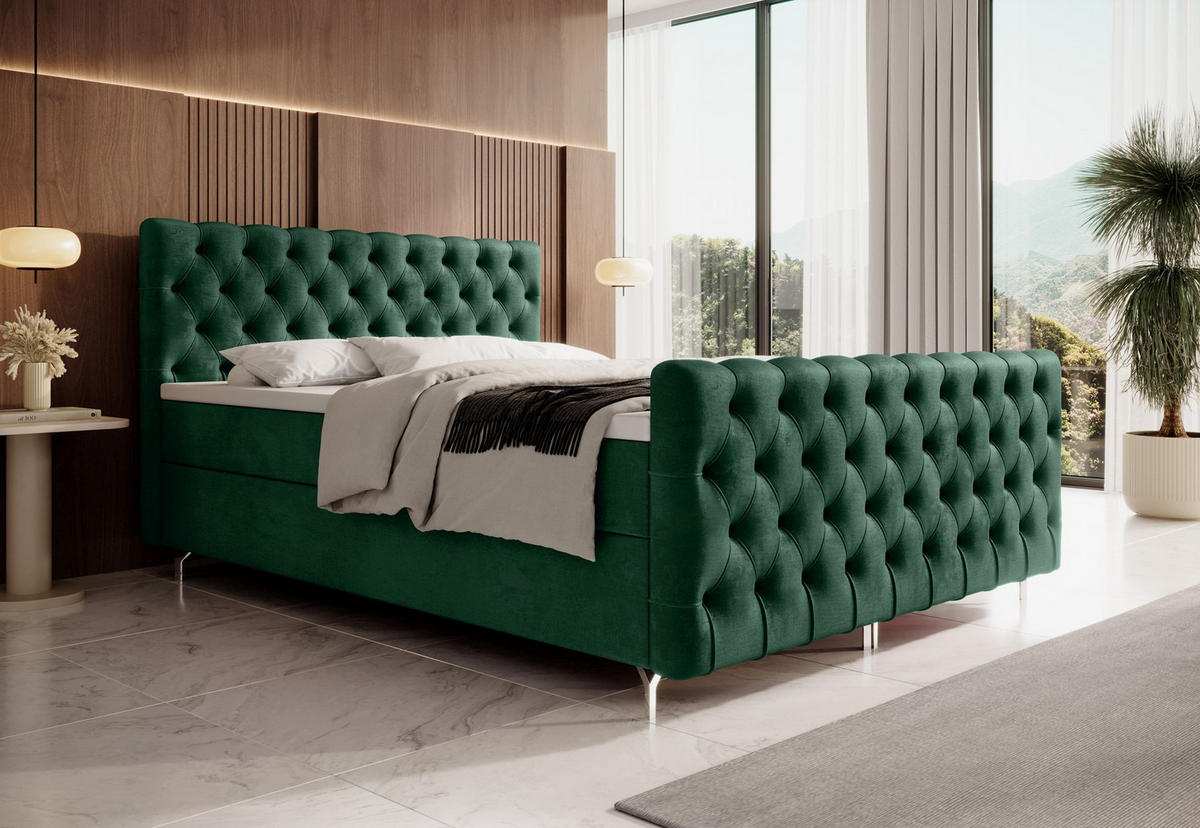 BOXBETT CHESTER 180x200, mit Matratze H3, Bonell und Topper, Monolith 37 - Grün, Holz/Textil (180/200cm) - Bedante