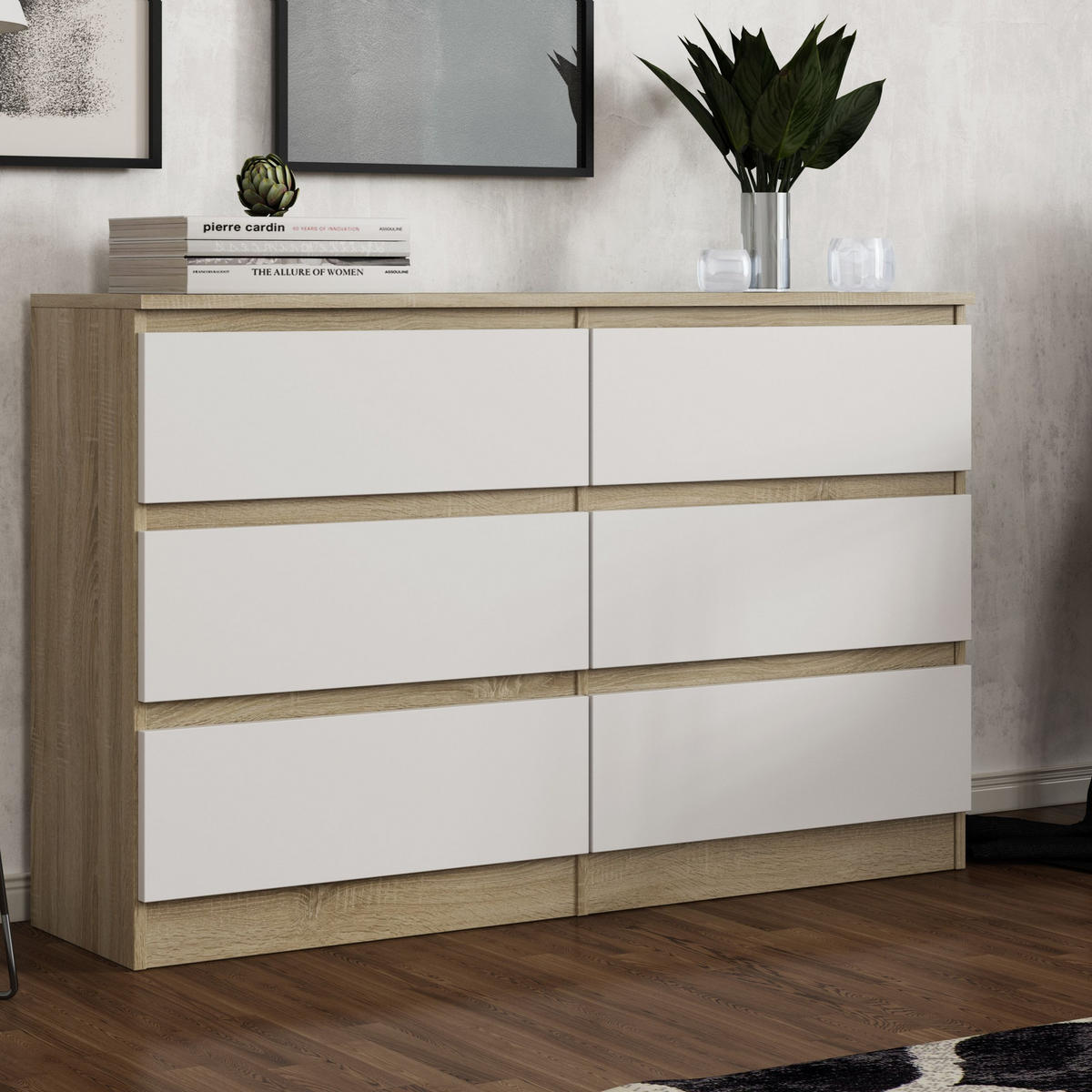 KOMMODE ALLEGRA 120/77/33 cm mit 6 Schubladen Sonoma Eiche - Weiß/Sonoma Eiche, Holzwerkstoff (120/77/33cm) - MASSENO