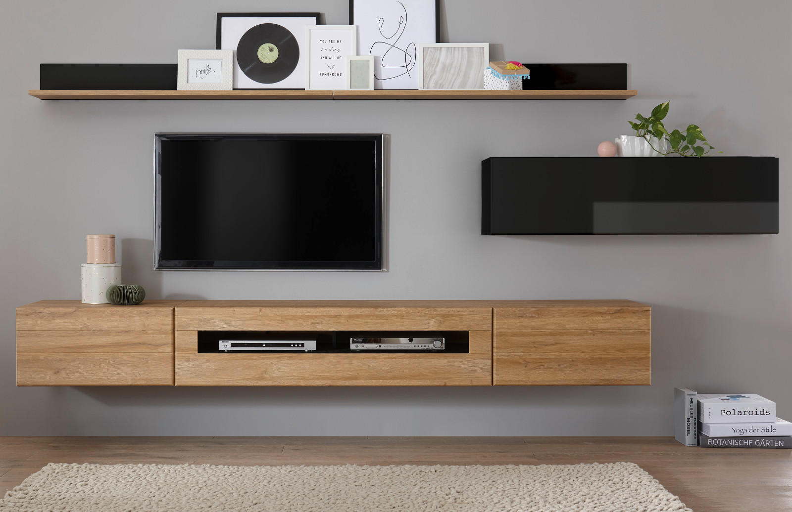 WOHNWAND schwarz Hochglanz, Grandson Eiche, Anbauwand 340 cm - Schwarz Hochglanz/Eichefarben, Holzwerkstoff (340/200/48cm) - Furn.Design