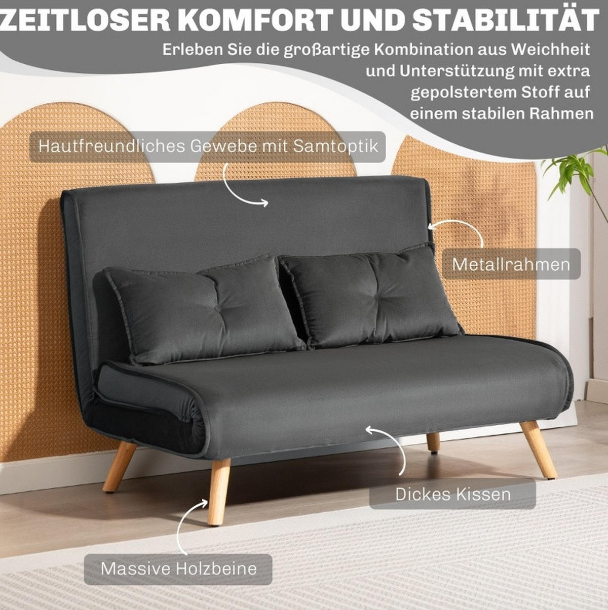 2-SITZER Schlafsofa Polyester mit Klick-Klack, verstellbarer Rückenlehne 120/75/87 cm Dunkelgrau - Dunkelgrau, Textil (75/87/120cm) - Redom