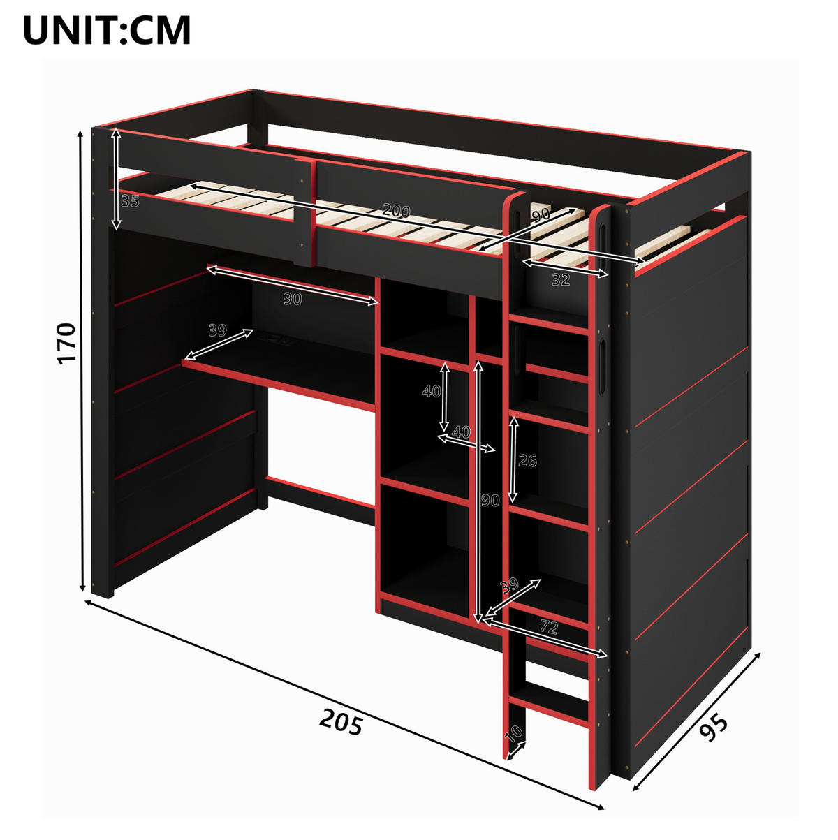 HOCHBETT aus MDF und Sperrholz 90x200 cm Schwarz/Rot mit Schreibtisch, Kleiderschrank und LED-Beleuchtung - Schwarz, Holzwerkstoff (90/200cm) - Modfu