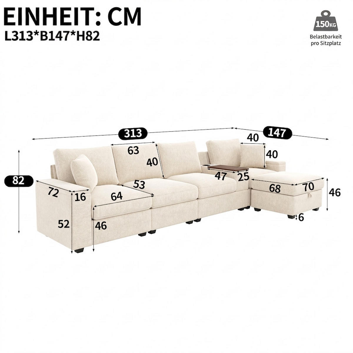 ECKSOFA 313/147/82 cm Beige mit Stauraum, USB-/Typ-C, Getränkehaltern und 360° drehbarem Couchtisch - Beige, Textil/Metall (313/147cm) - Oxeza