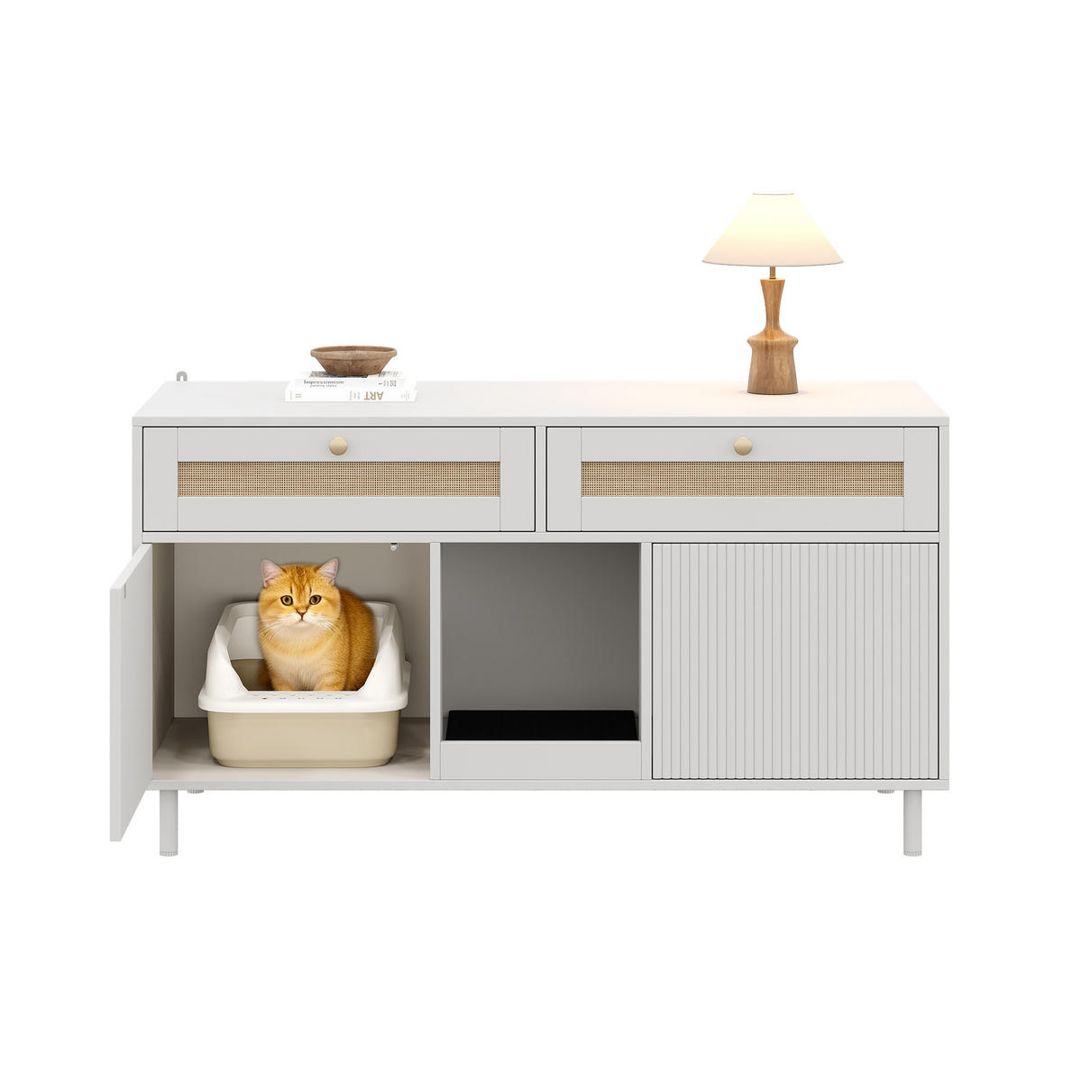 SIDEBOARD Weiß aus MDF 120×50×65cm als Katzentoilettenschrank mit Sandfangmatte und Schublade - Weiß, Holzwerkstoff (50/65/120cm) - Luhomfu