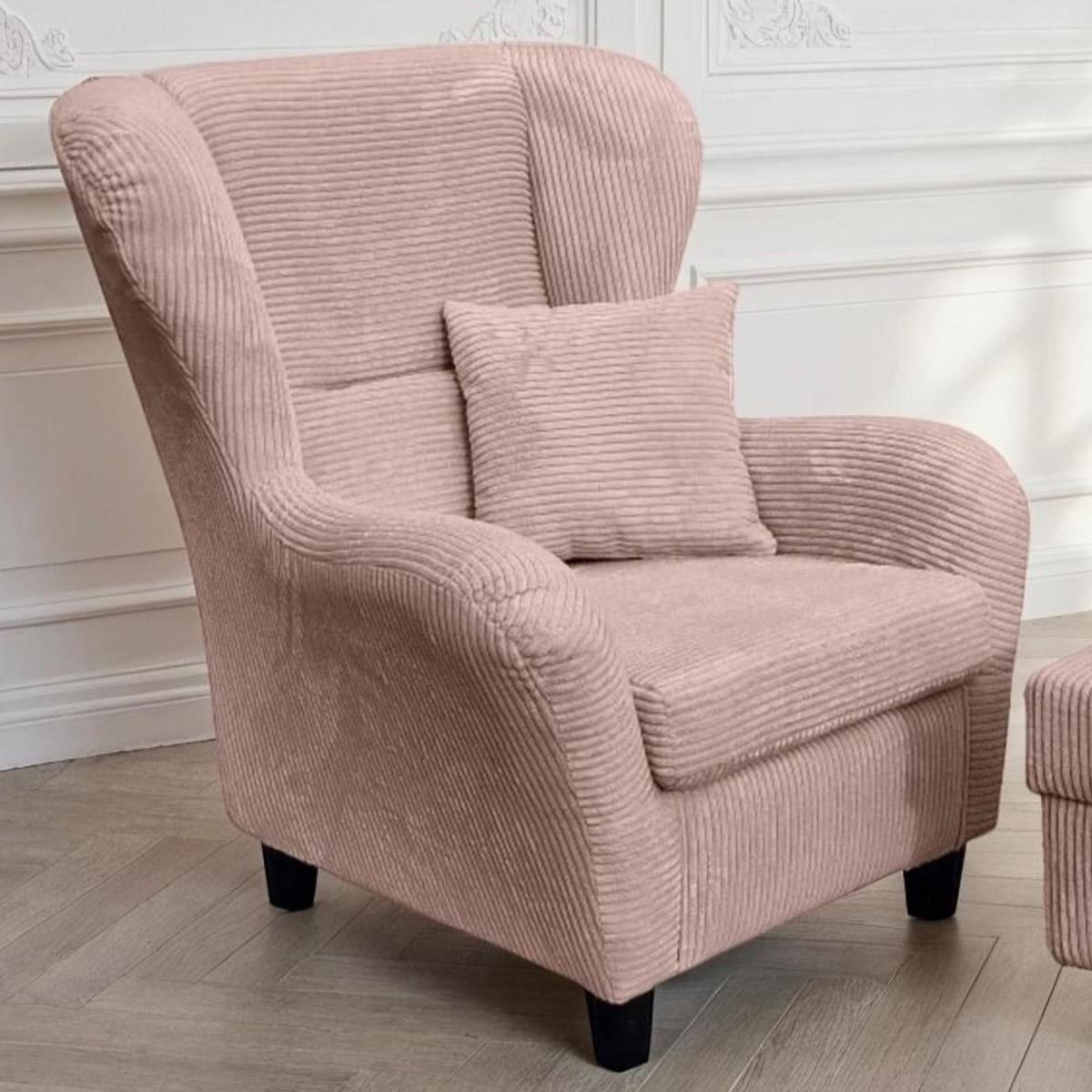 OHRENSESSEL mit HOCKER, hoher Sitzkomfort durch Wellenunterfederung B90/H98/T76 cm, Cord Rosa / 18021 - Schwarz/Rosa, Holz/Textil (90/98/76cm) - luma-home