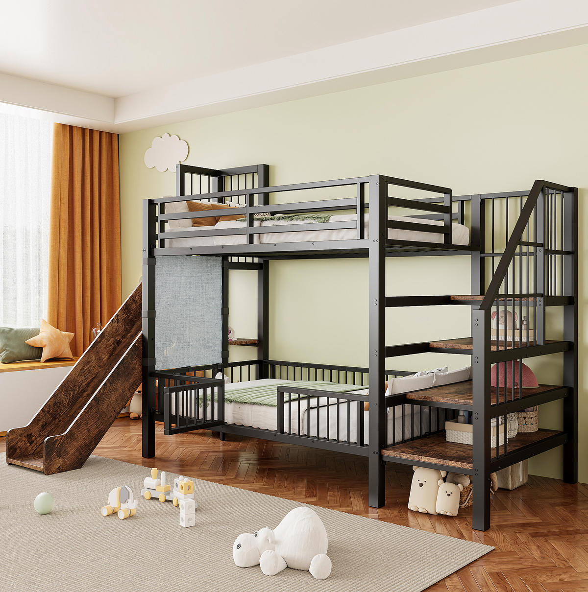 VISOKA postelja 90/200 cm črna z drsnikom in stopnicami za shranjevanje iz kovine in MDF - črna, leseni material (90/200cm) - OKWISH
