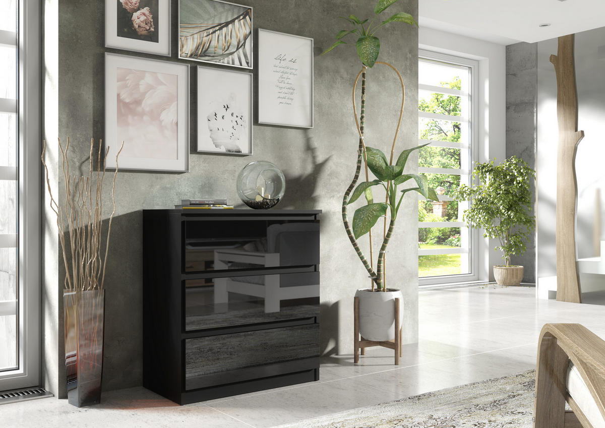 KOMMODE NUDO 70/78,5/39cm mit 3 Schubladen Türen Schwarz - Schwarz Hochglanz/Schwarz, Holzwerkstoff (70/78.5/39cm) - MASSENO