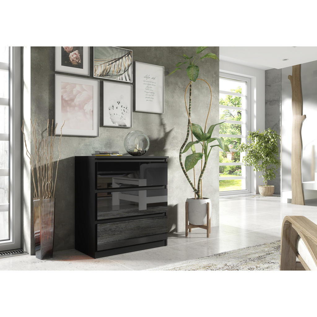 Thumbnail - Masseno Kommode, Schwarz Hochglanz, Holzwerkstoff, 3 Schubladen, 70x78.5x39 cm, Wohnzimmer, Kommoden & Sideboards, Kommo...