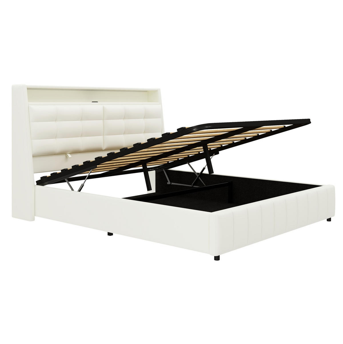 POLSTERBETT aus MDF, Sperrholz und PU 160x200 cm Weiß mit LED-Beleuchtung, USB-Anschluss, Stauraum und verstellbarem Kopfteil - Weiß, Textil (160/200cm) - Modfu