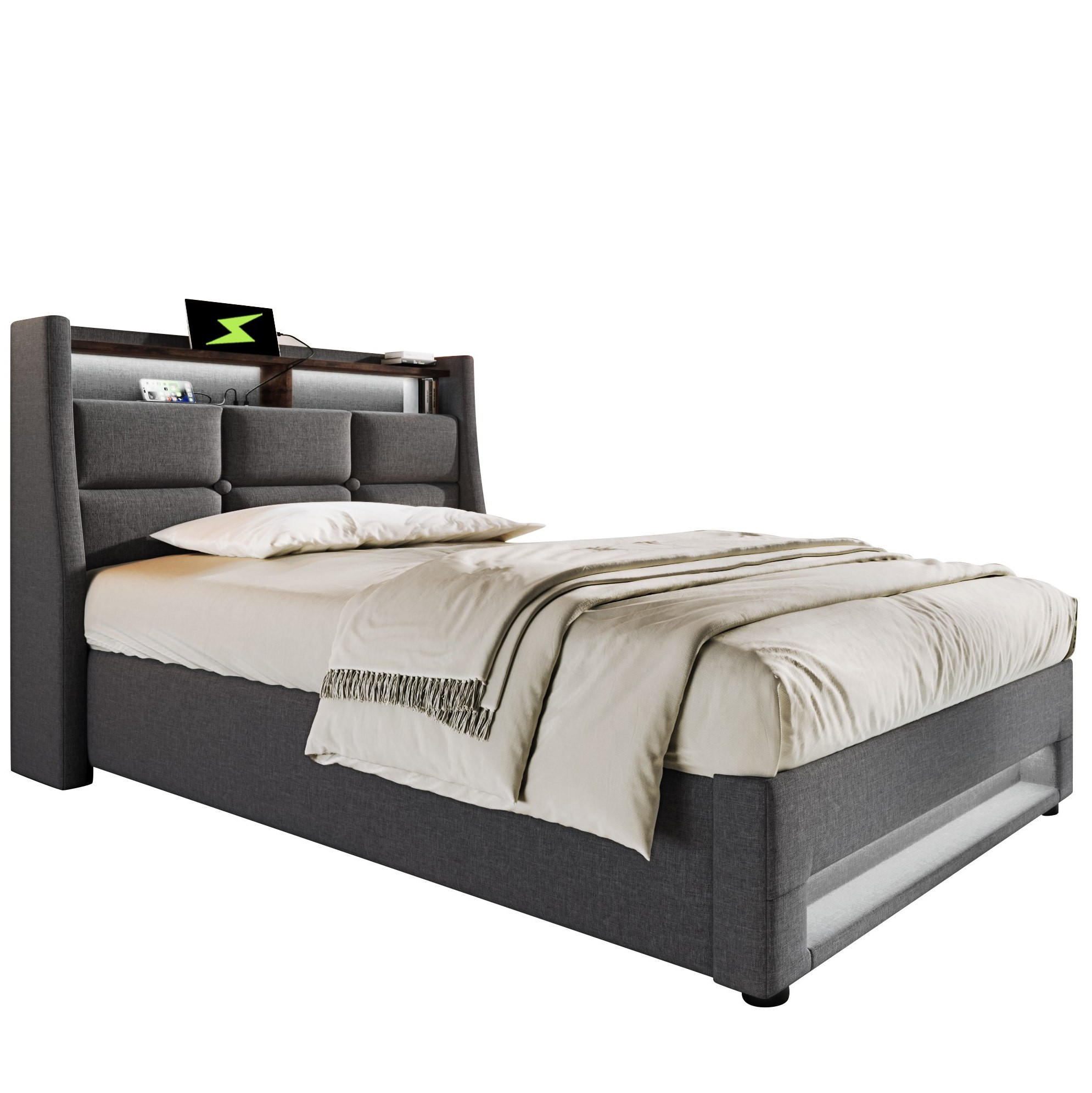 POLSTERBETT mit LED-Beleuchtung 90/200 cm mit USB, Bettkasten und gepolstertem Kopfteil - Grau, Textil (90/200cm) - BEAOK