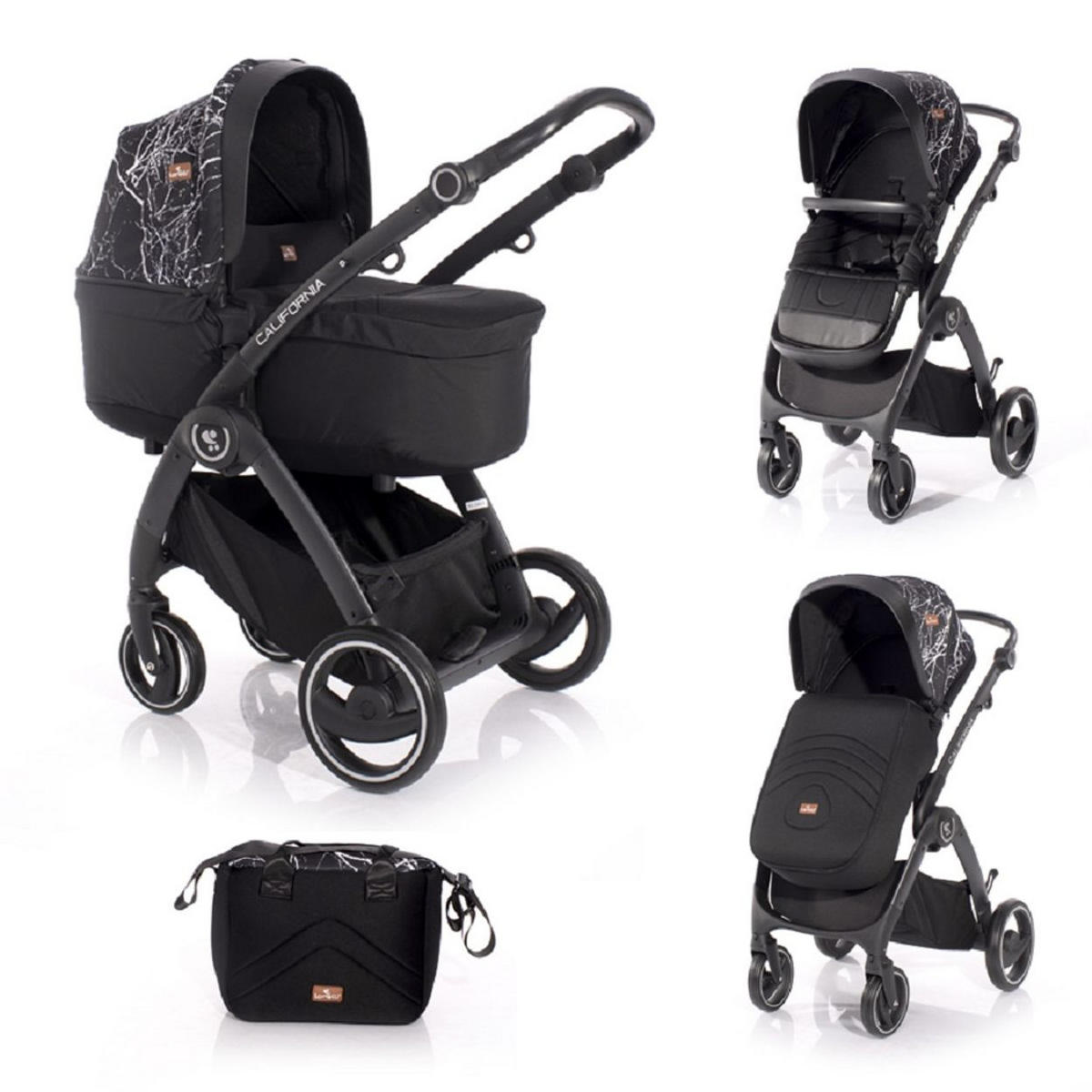 KINDERWAGEN 2 in 1 California schwarz Babywanne Sportsitz Alurahmen Wickeltasche - Schwarz, Metall (74/60/115cm) - Lorelli