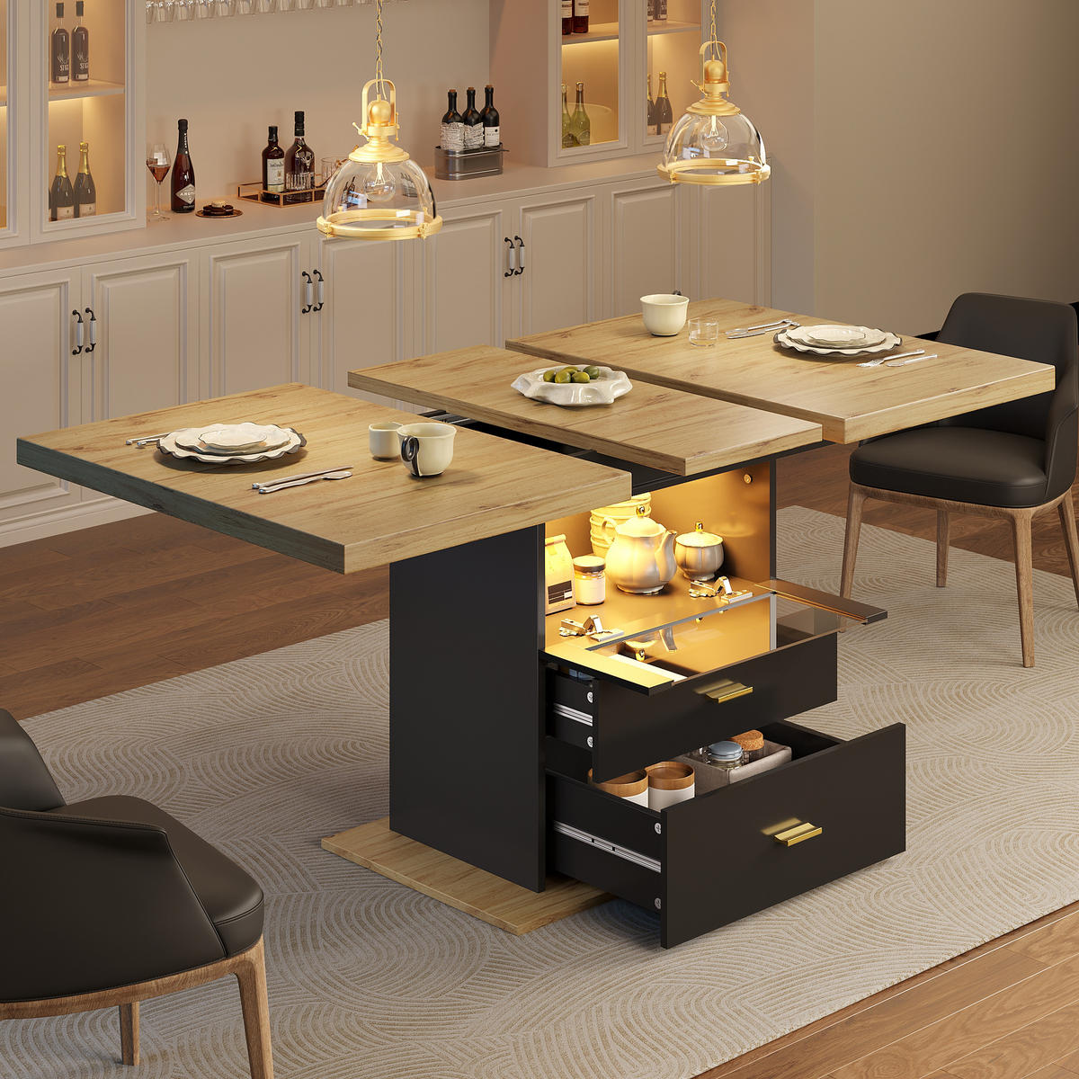 ESSTISCH 110-140x80x75 cm in Natur und Schwarz aus MDF mit LED-Beinen ausziehbar - Naturfarben, Holzwerkstoff (140/80/75cm) - Modfu