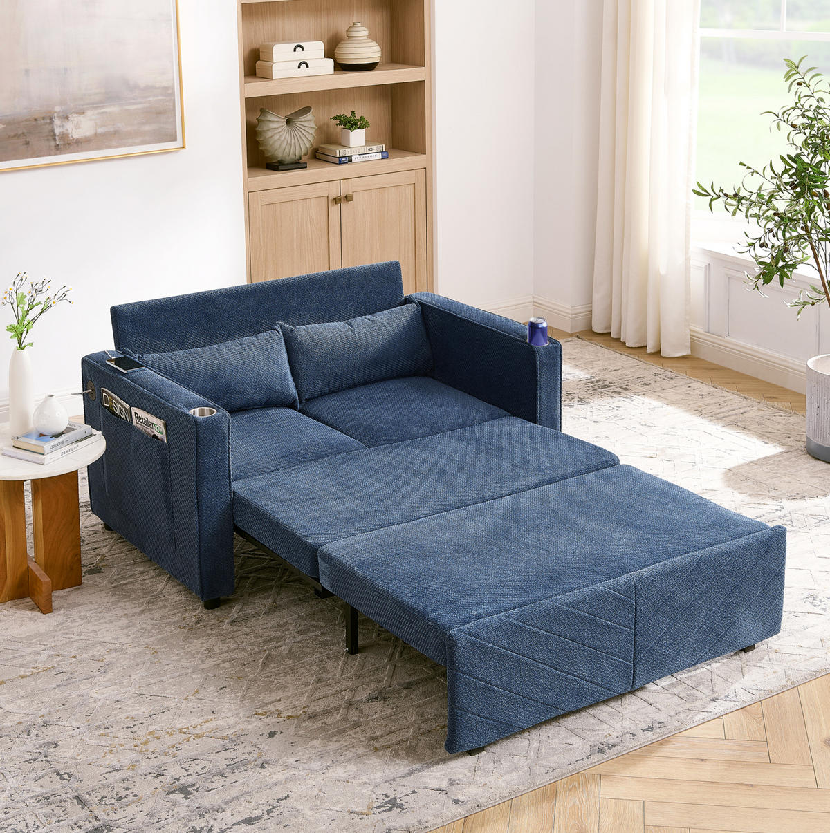 SCHLAFSOFA 3-in-1 aus Holz und Stoff mit USB-Ladefunktion Blau - Dunkelblau, Holz (134/73/195cm) - Modenvie