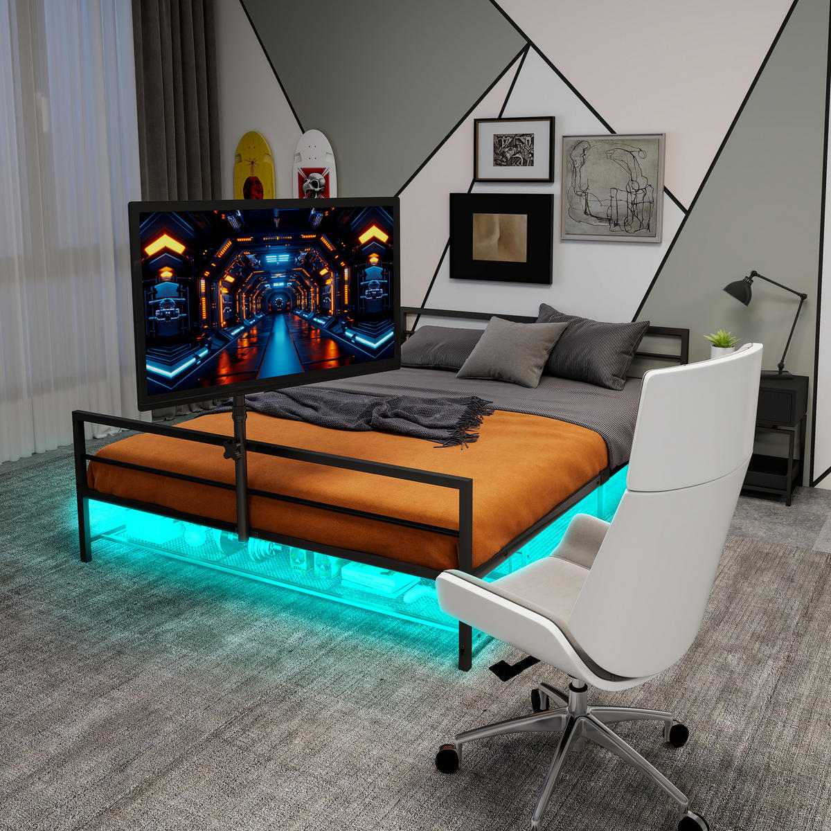 BETT Gaming 206 cm schwarz mit LED-Beleuchtung und verstellbarer Halterung - Schwarz, Metall (90/200cm) - OKWISH