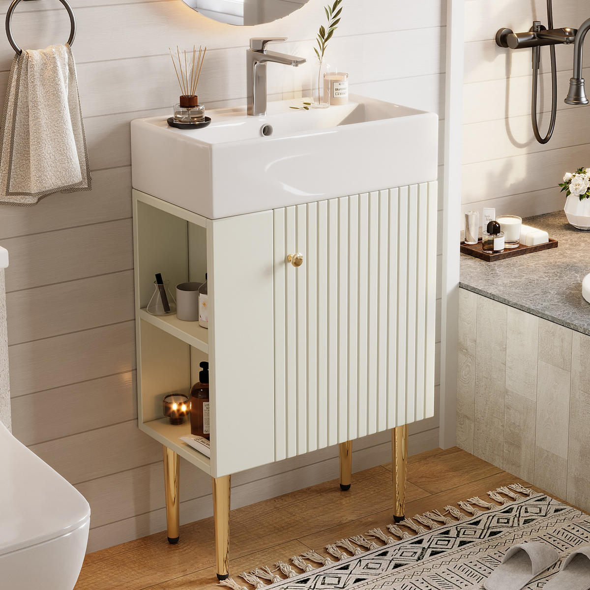 WASCHTISCHKOMBI 55x31x91.5cm in Weiß mit Hochglanz-Keramikbecken - Weiß, Holzwerkstoff (55/91.5/31cm) - Modfu