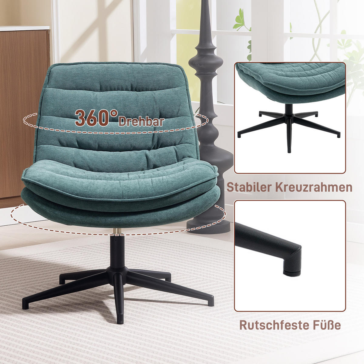 BÜROSTUHL DE-05034 Drehbar mit breitem Sitz, gepolstert Dunkelgrün - Dunkelgrün, Metall (65.5/80/76cm) - ComfortXL