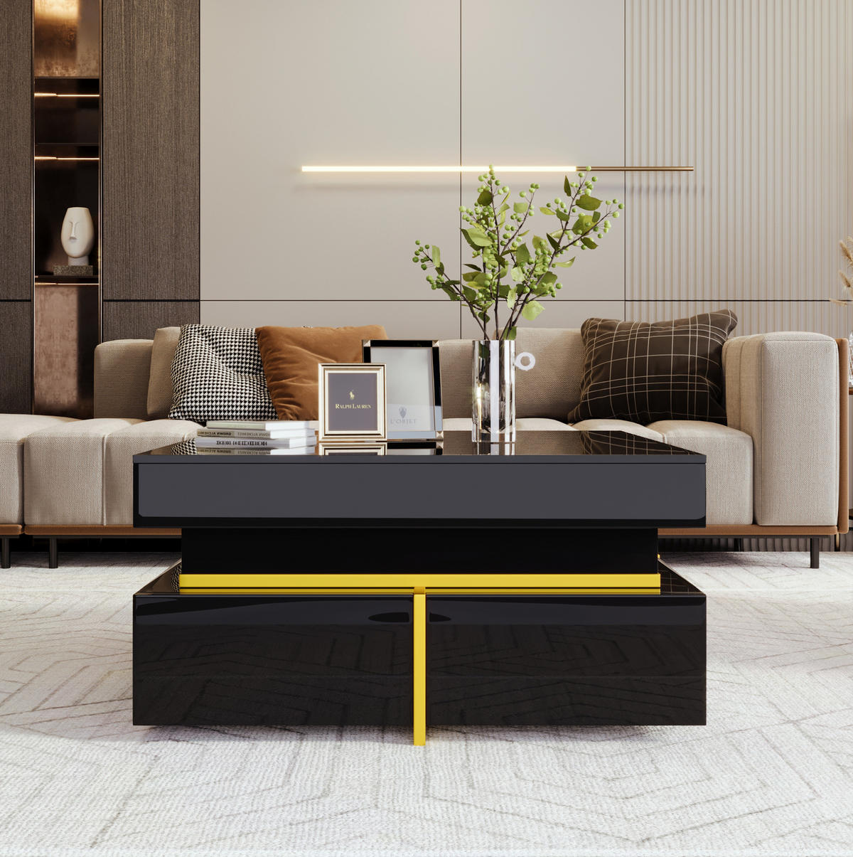 COUCHTISCH 70/70/35.5 cm schwarz aus Spanplatte mit Hochglanz-Finish und goldenen Akzenten - Schwarz, Holzwerkstoff (70/70/35.5cm) - OKMYHOME