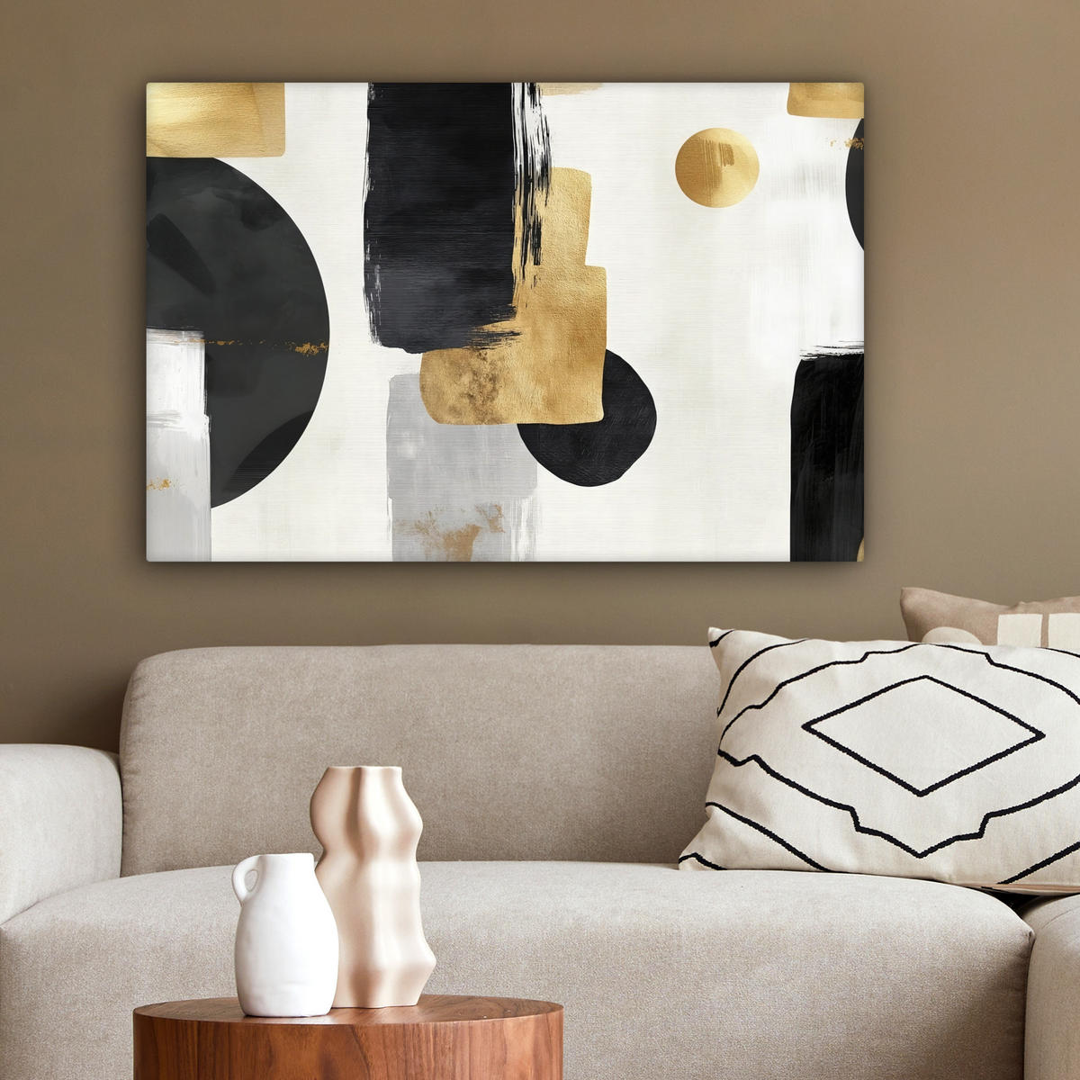 LEINWANDBILD Gold - Rechtecke - Kreise - Abstrakt Wanddeko 90x60 cm - Weiß, Textil (90/60cm) - MuchoWow