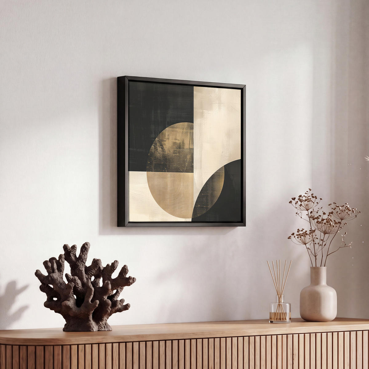 LEINWAND Bilder mit Rahmen - Abstrakt - Geometrische Formen - Schwarz - Gold - 20x20 - Ecru, Textil (20/20cm) - MuchoWow