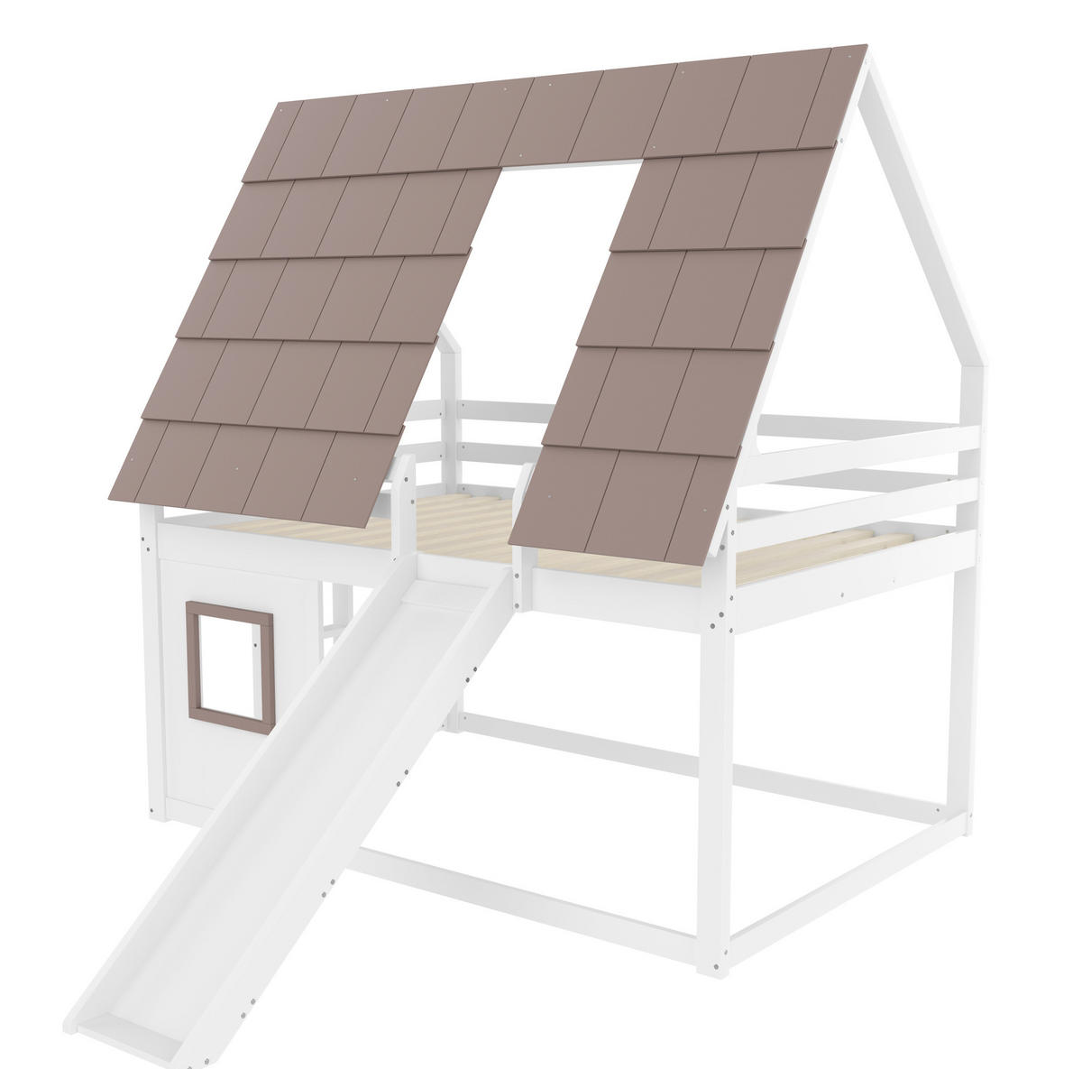 ETAGENBETT in Hausform mit Rutsche 140x200 cm Weiß/Braun - Braun, Holzwerkstoff (140/200cm) - Beauniv