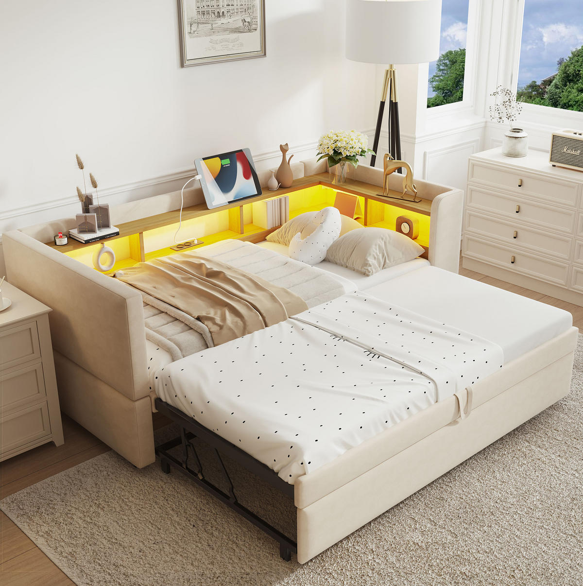 SCHLAFSOFA 90/190 cm mit LED-Beleuchtung, Steckdose, Ablagefächern und Flanellbezug, Beige - Beige, Textil (199/80/211cm) - Redom