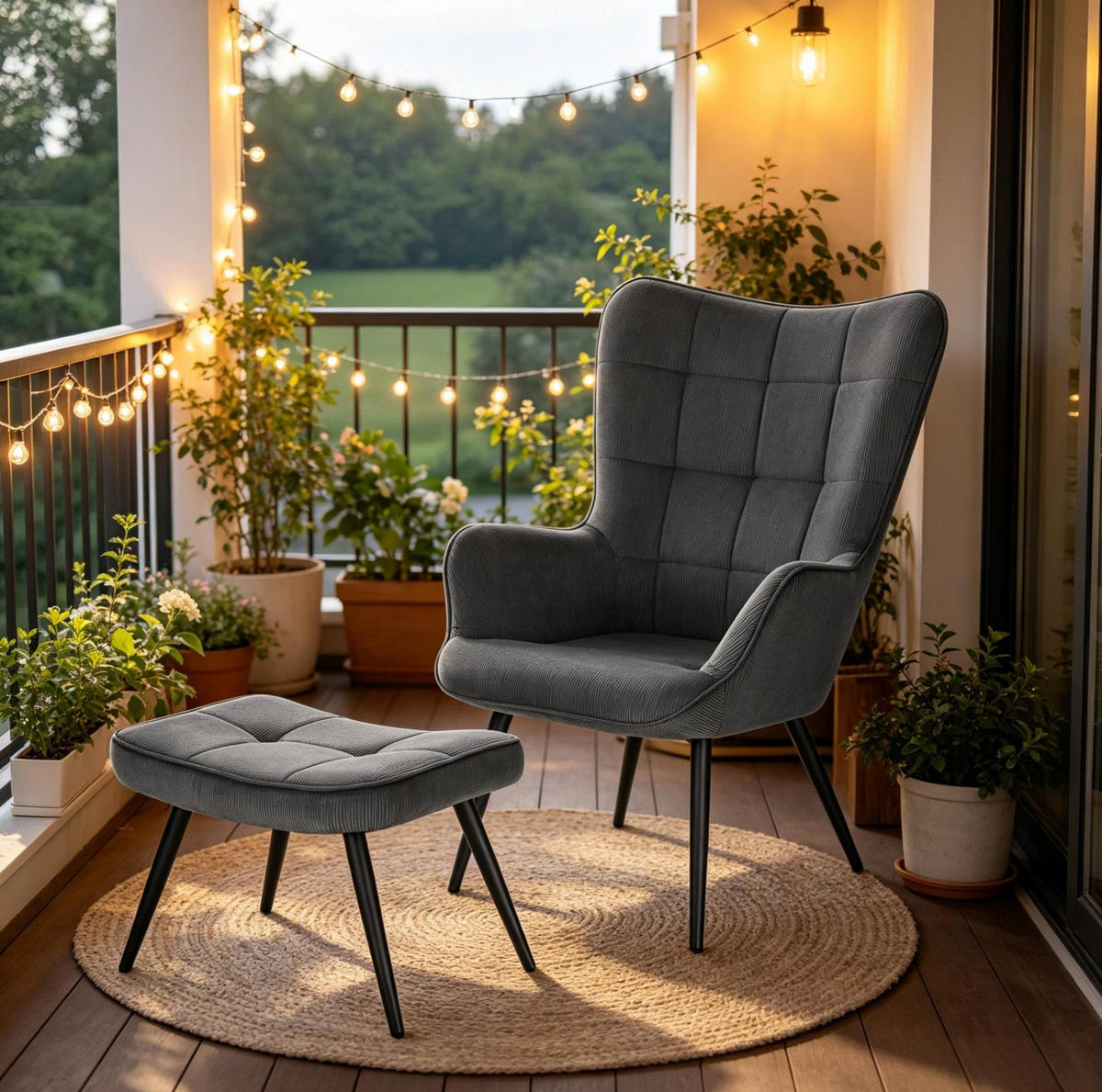 SESSEL mit Hocker 50/49/97 cm in Dunkelgrau aus Cord mit Metallgestell - Dunkelgrau, Textil (68/97/49cm) - BEAOK