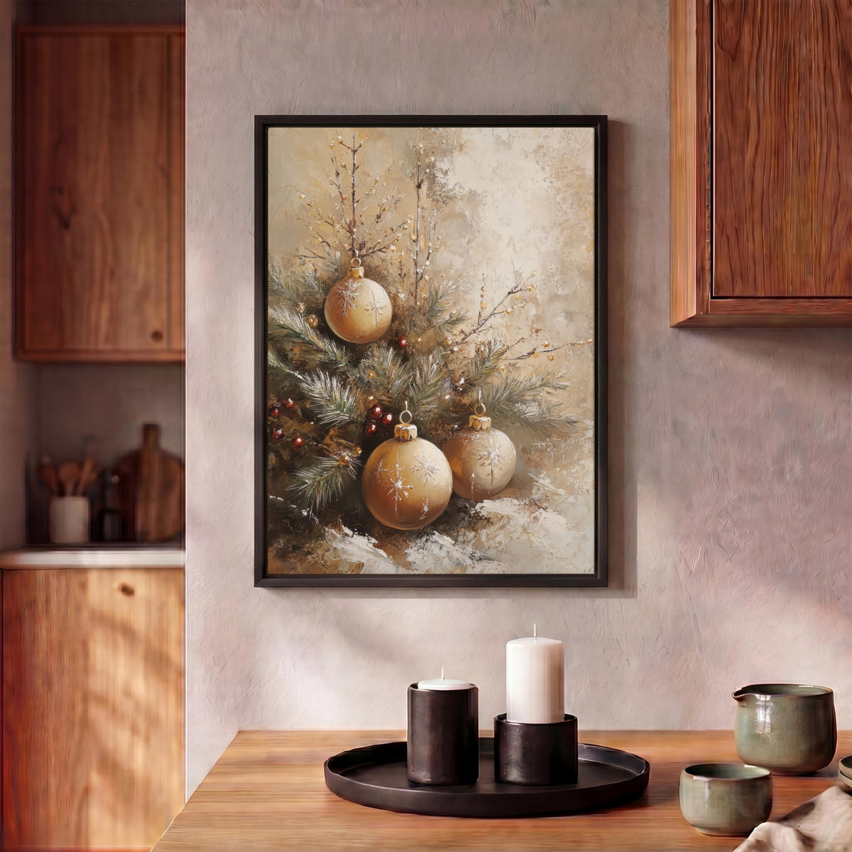 LEINWAND Bilder mit Rahmen - Weihnachten - Kugeln - Beige - Gold - 30x40 - Goldfarben, Textil (30/40cm) - MuchoWow