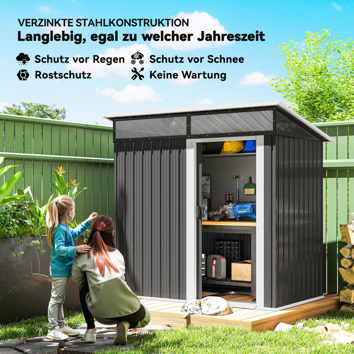 GARTENSCHUPPEN DE-08077 mit Fenster & Schiebetür Dunkelgrau - Dunkelgrau, Metall (122/182/195cm) - ComfortXL