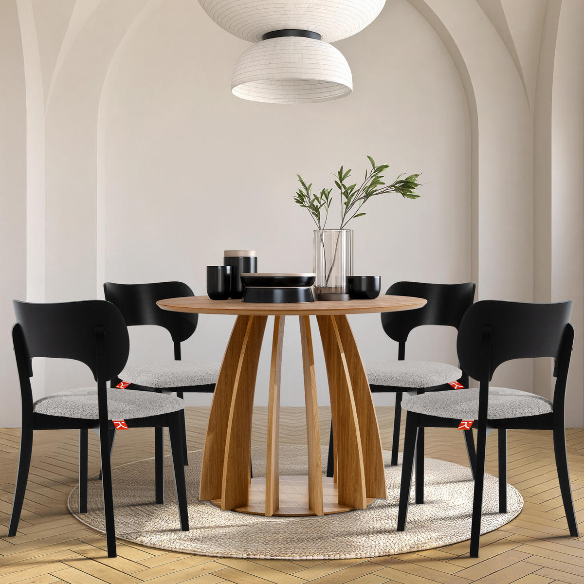 HOLZSTUHL LYCO Esstischstühl 2-er Set, Bouclé - Schwarz/Grau, Holz/Textil (47/80.5/45cm) - KONSIMO®
