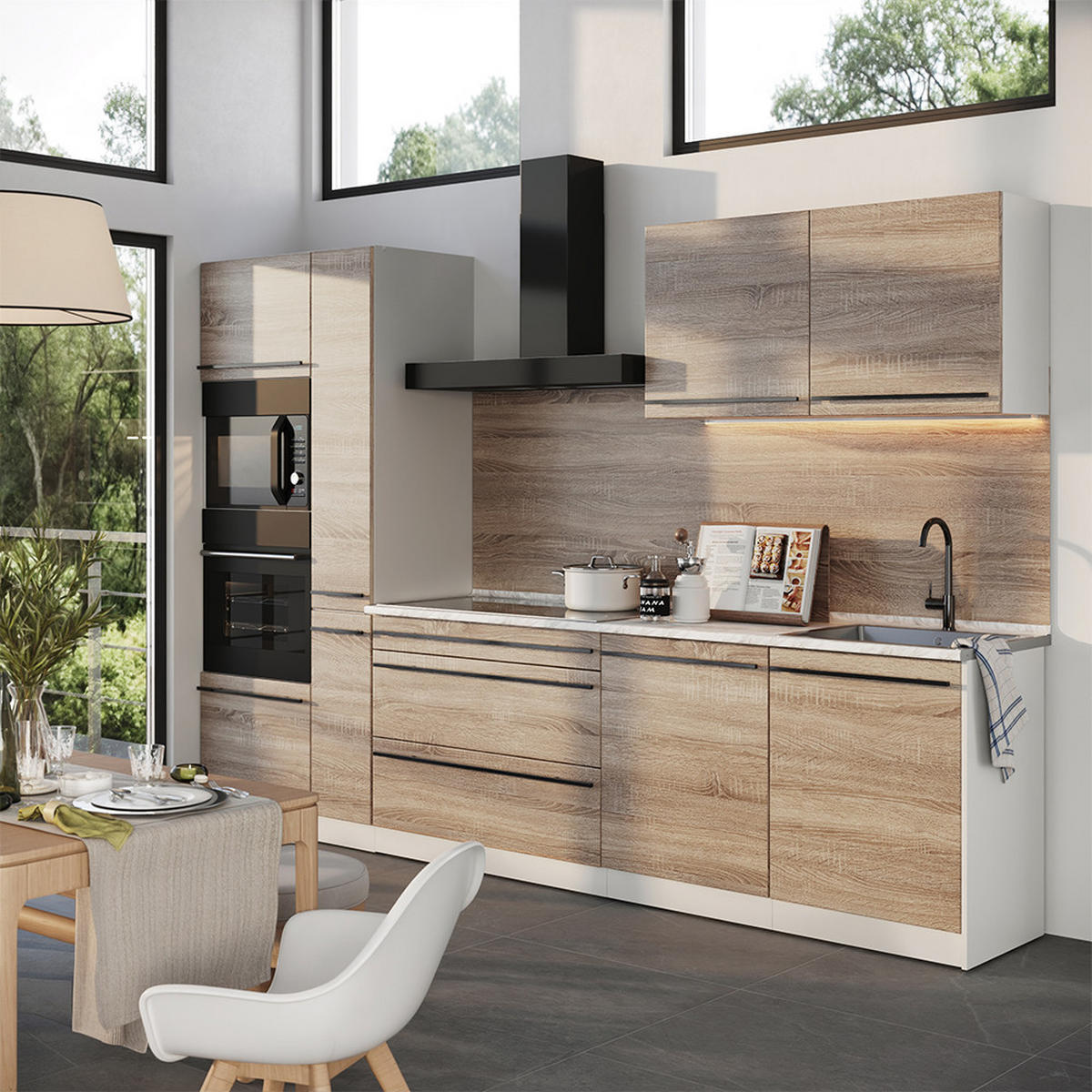 KÜCHENZEILE R-Line, Sonoma/Weiß, 310 cm Arbeitsplatte Marmor - Weiß/Sonoma Eiche, Holzwerkstoff (310/206.8/60cm) - Vicco